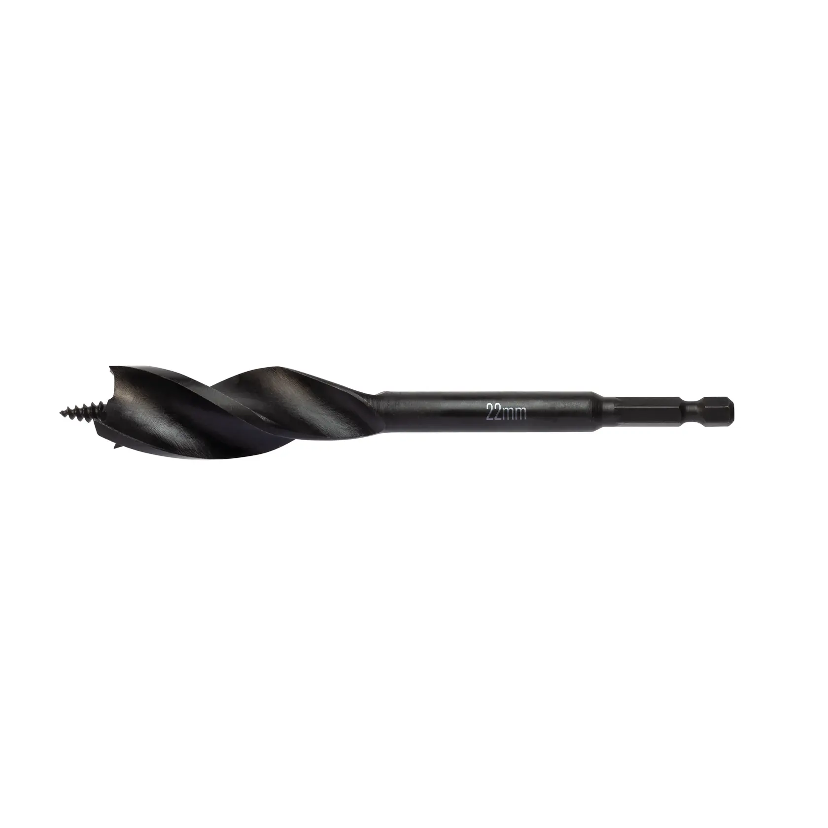 Schwarzer DEWALT Holzbohrer 22mm mit Sechskantschaft, Spirale und Schraubspitze.