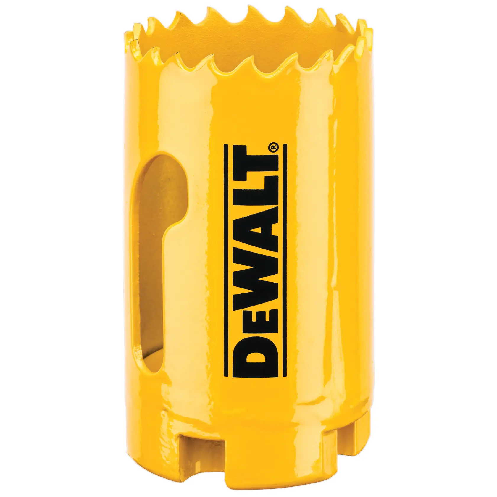 DEWALT Lochsäge gelb, DT90308 und DT90308-QZ Fotografie, zylindrisches Werkzeug mit scharfen Zähnen.
