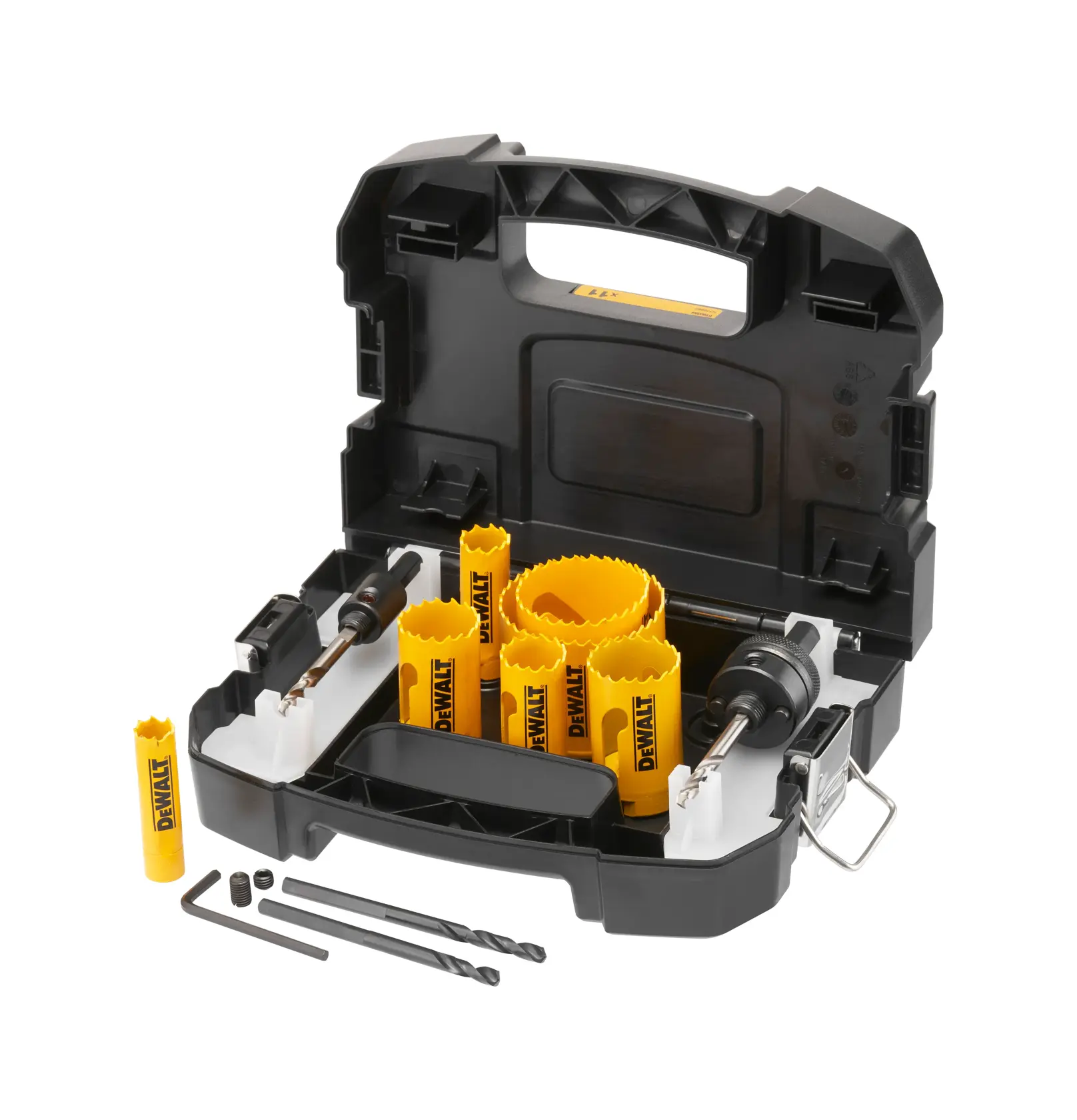 DEWALT Lochsägen-Set in schwarzem Koffer mit gelben Sägen und Zubehör zum Löcher schneiden.