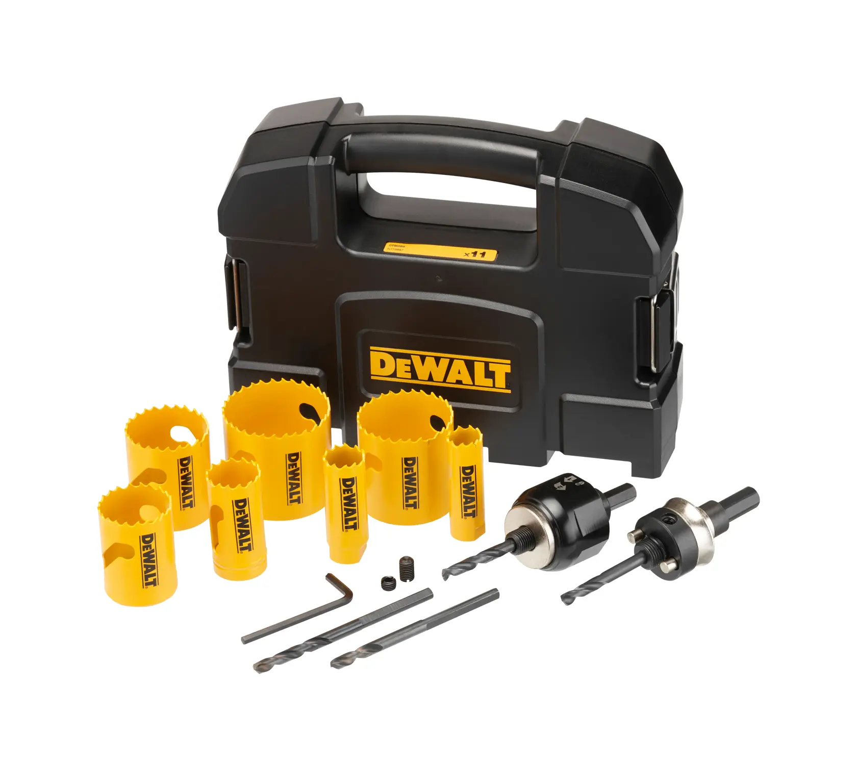 DEWALT Lochsägen-Set mit gelben Sägen, Bohrern, zwei Aufnahmen und schwarzem Transportkoffer.