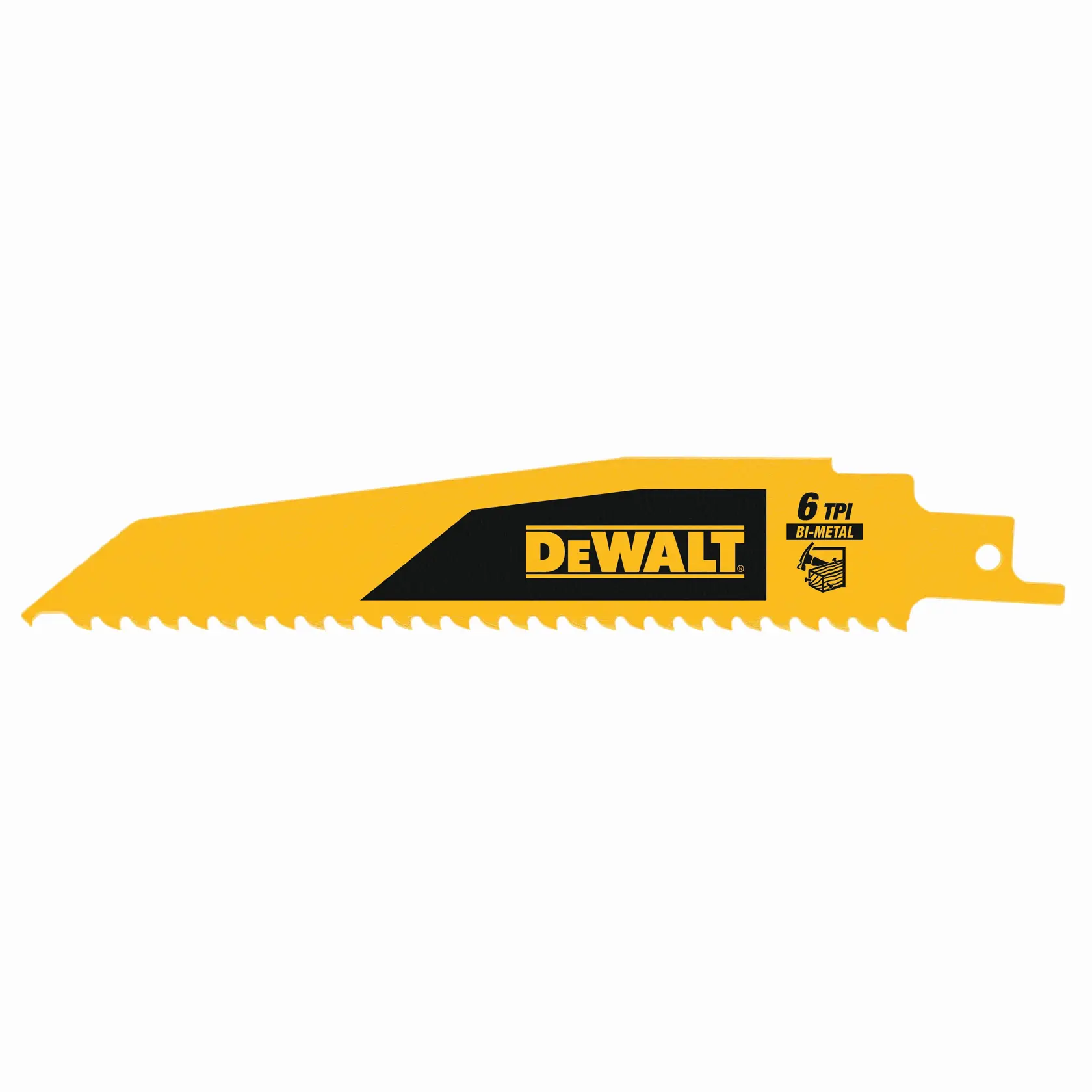 DEWALT DT90380 gelbes Bi-Metall-Sägeblatt mit 6 TPI zum Schneiden, auf weißem Hintergrund.