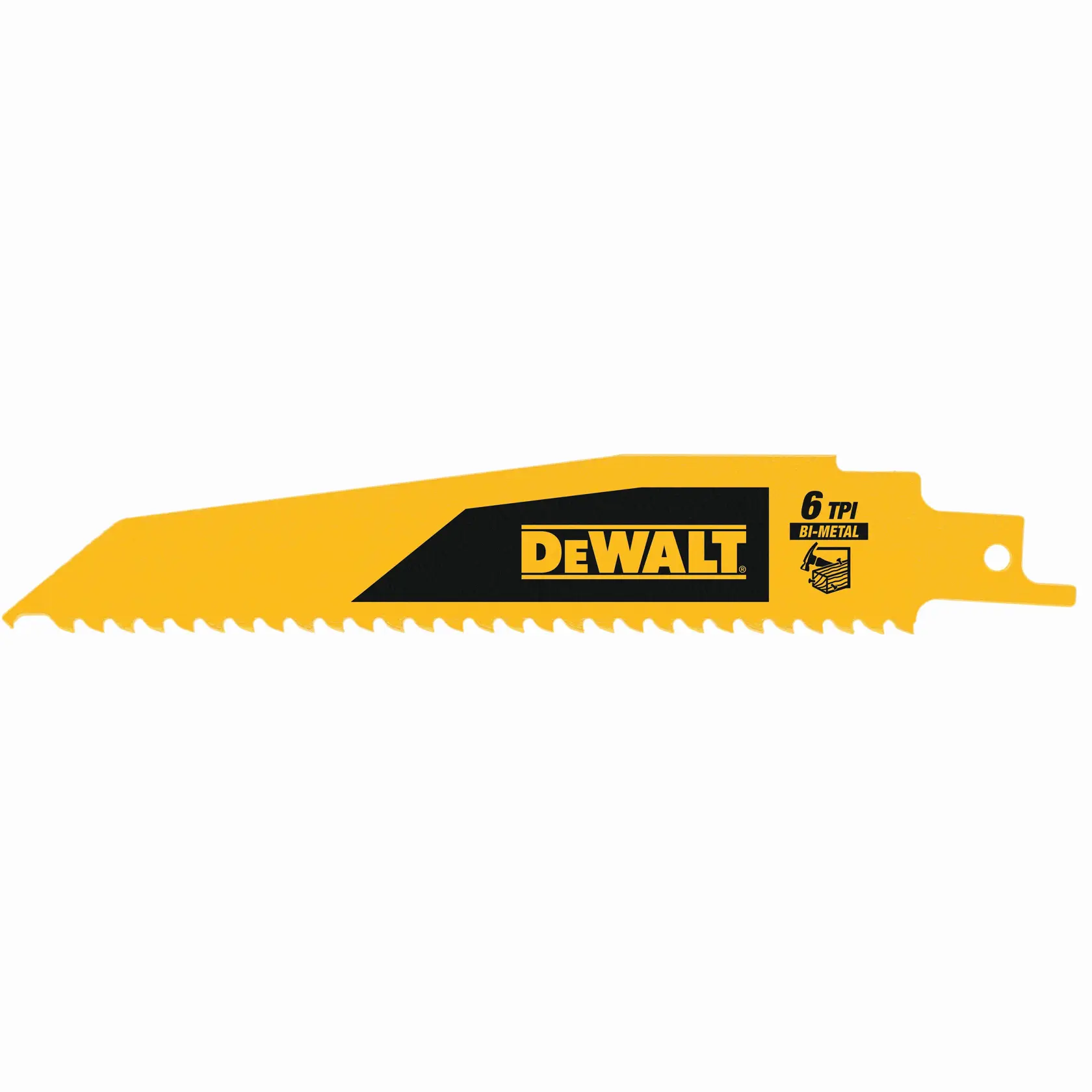 DEWALT Bi-Metall Sägeblatt, 6 TPI, gelb mit Logo und feinen Zähnen zum Schneiden.