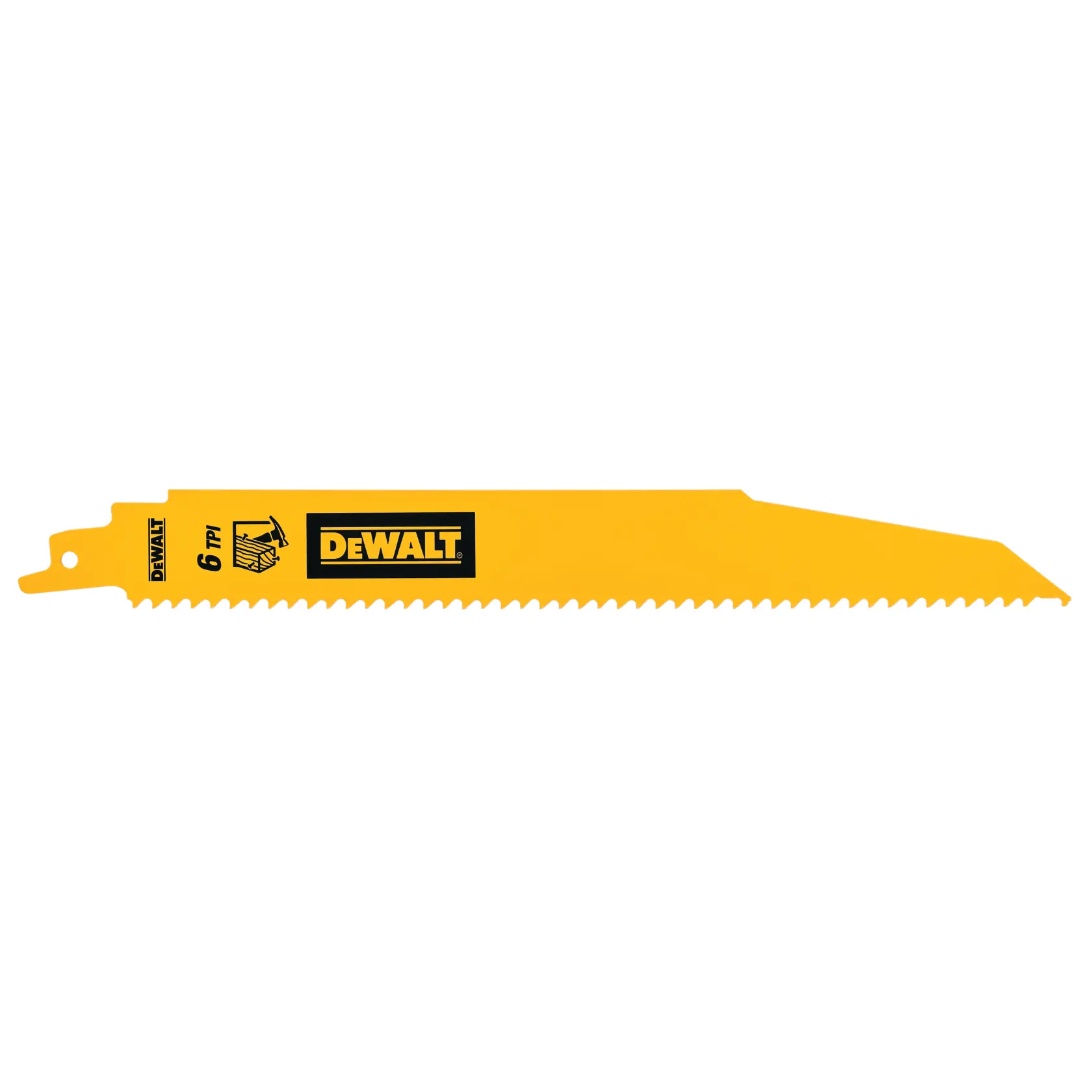 DEWALT DT90381 gelbes Säbelsägeblatt mit 6 TPI für Holz, einzelnes Blatt abgebildet.