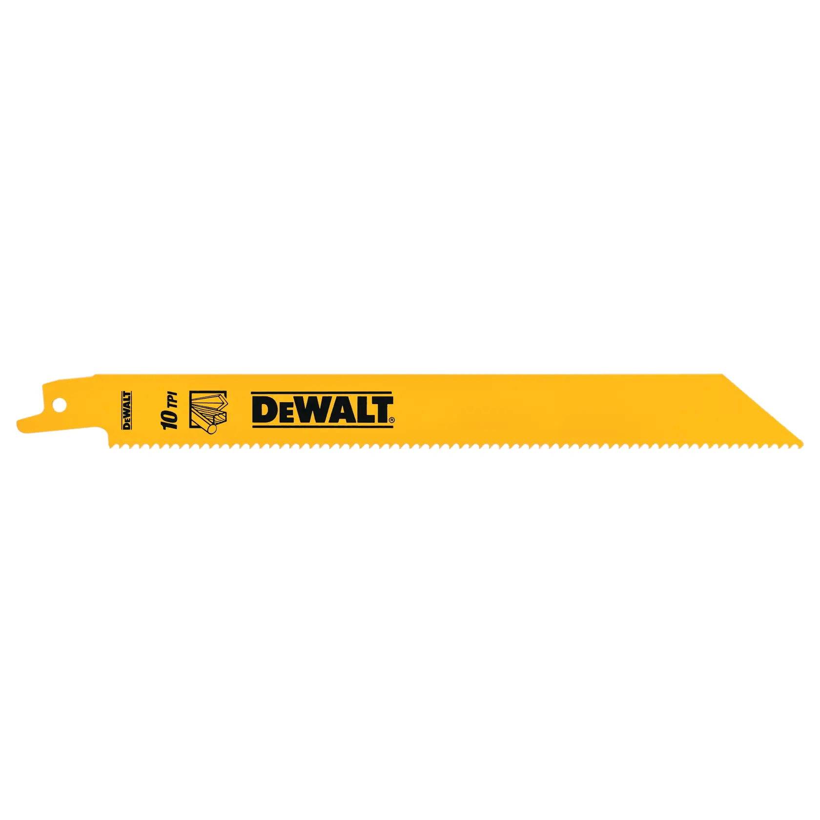DEWALT DT90383 gelbes Säbelsägeblatt mit 10 TPI zum Schneiden auf weißem Hintergrund.