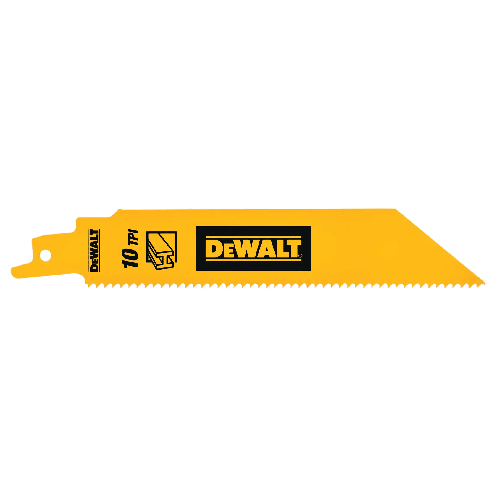 Ein gelbes DEWALT Säbelsägeblatt mit 10 TPI (Zähne pro Zoll), geeignet zum Schneiden von Metall oder Stahl, abgebildet auf weißem Hintergrund.