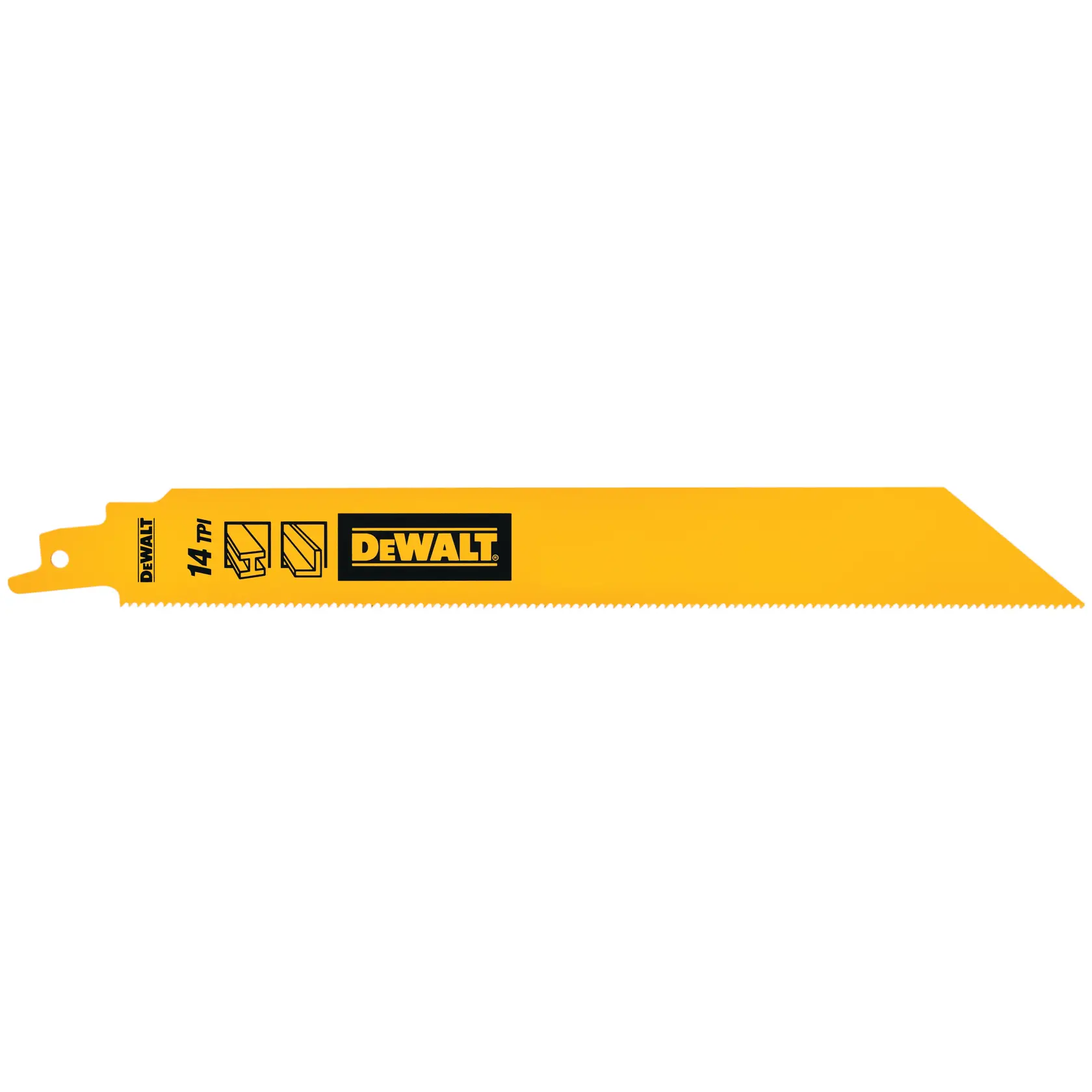 DEWALT gelbes 14 TPI Sägeblatt für Metall, sichtbar vor weißem Hintergrund.