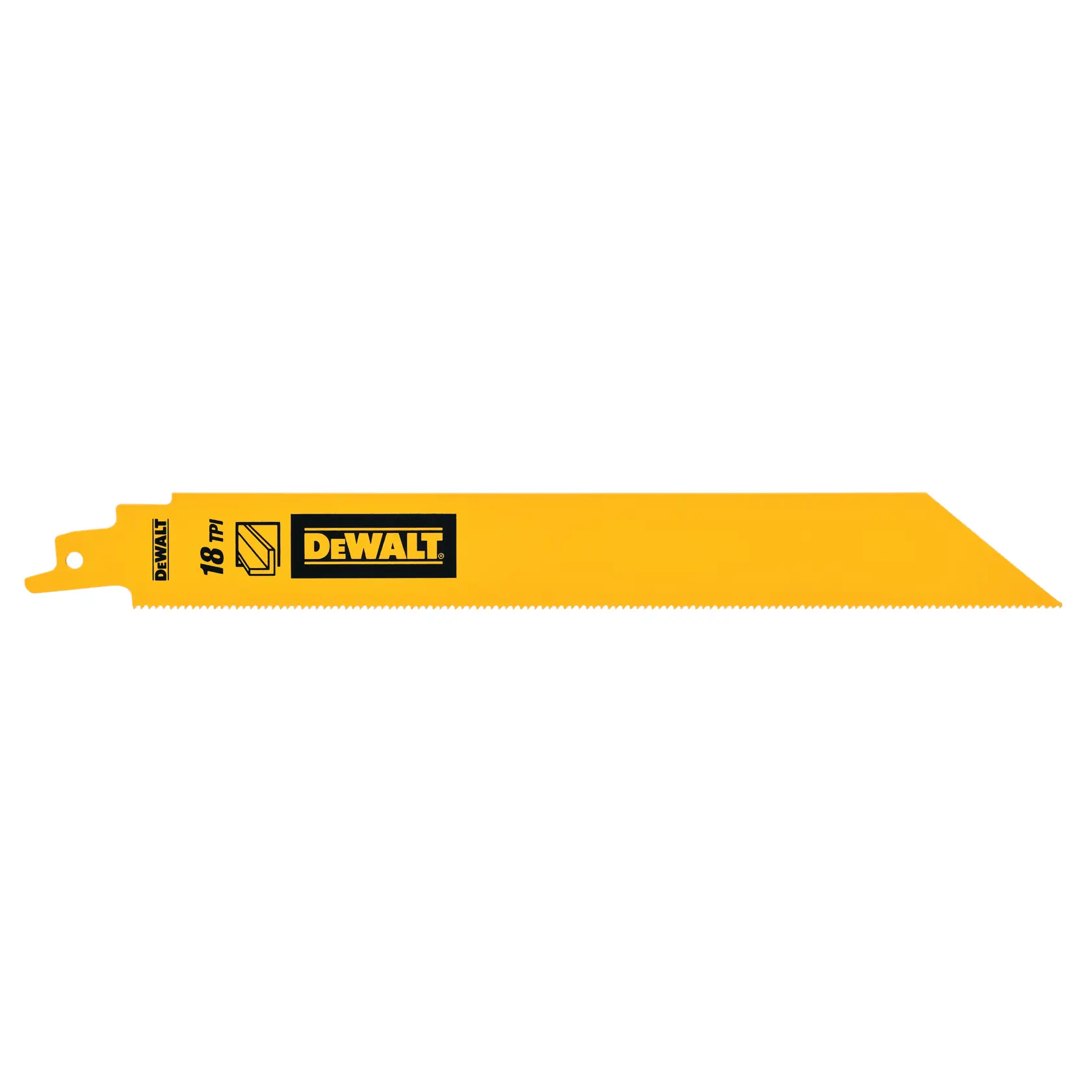 Gelbes DEWALT Sägeblatt mit feinen Zähnen, 18 TPI, zum Schneiden, auf weißem Hintergrund.