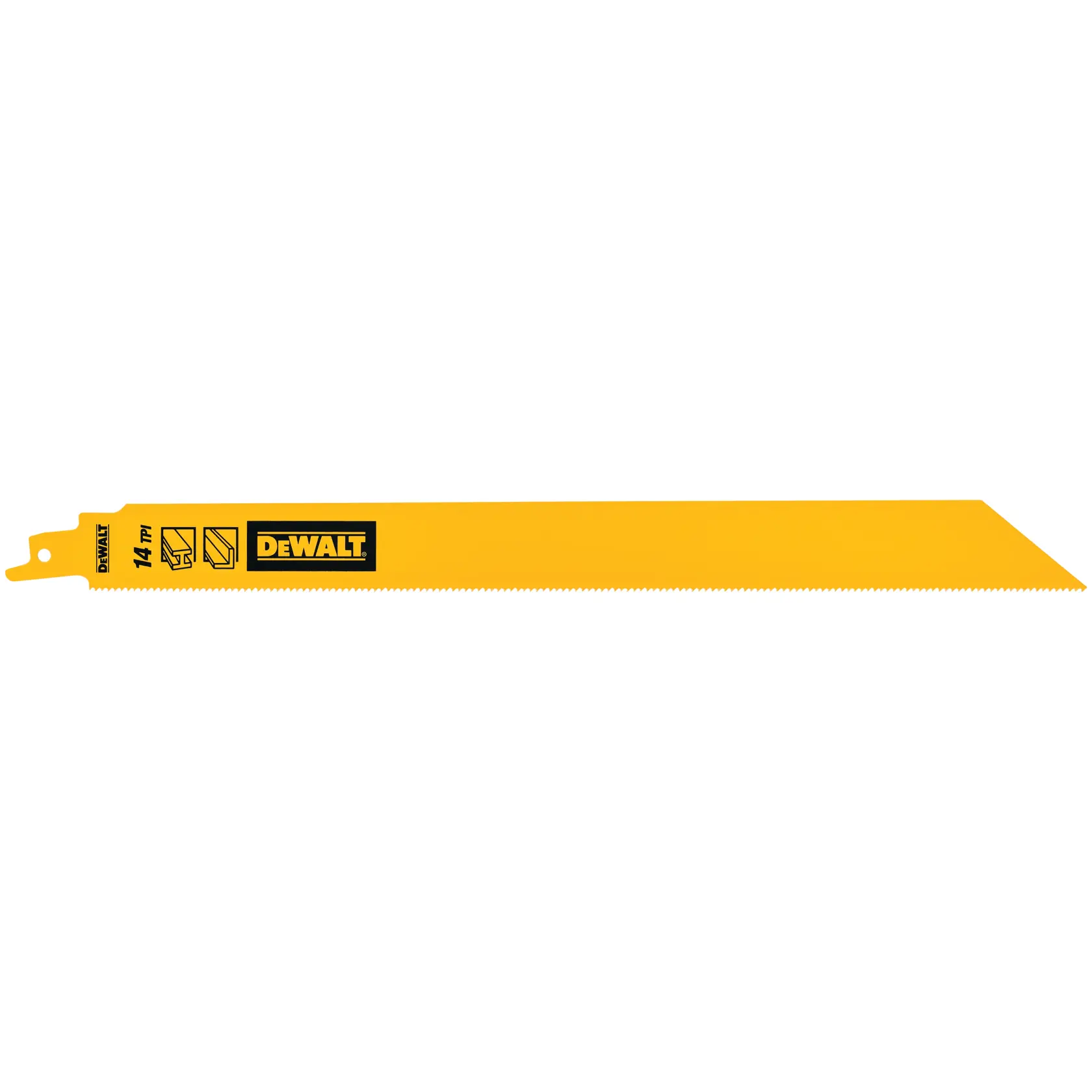 Gelbes DEWALT Säbelsägeblatt mit Zähnen, 14 TPI, zum Schneiden von Holz und Metall.