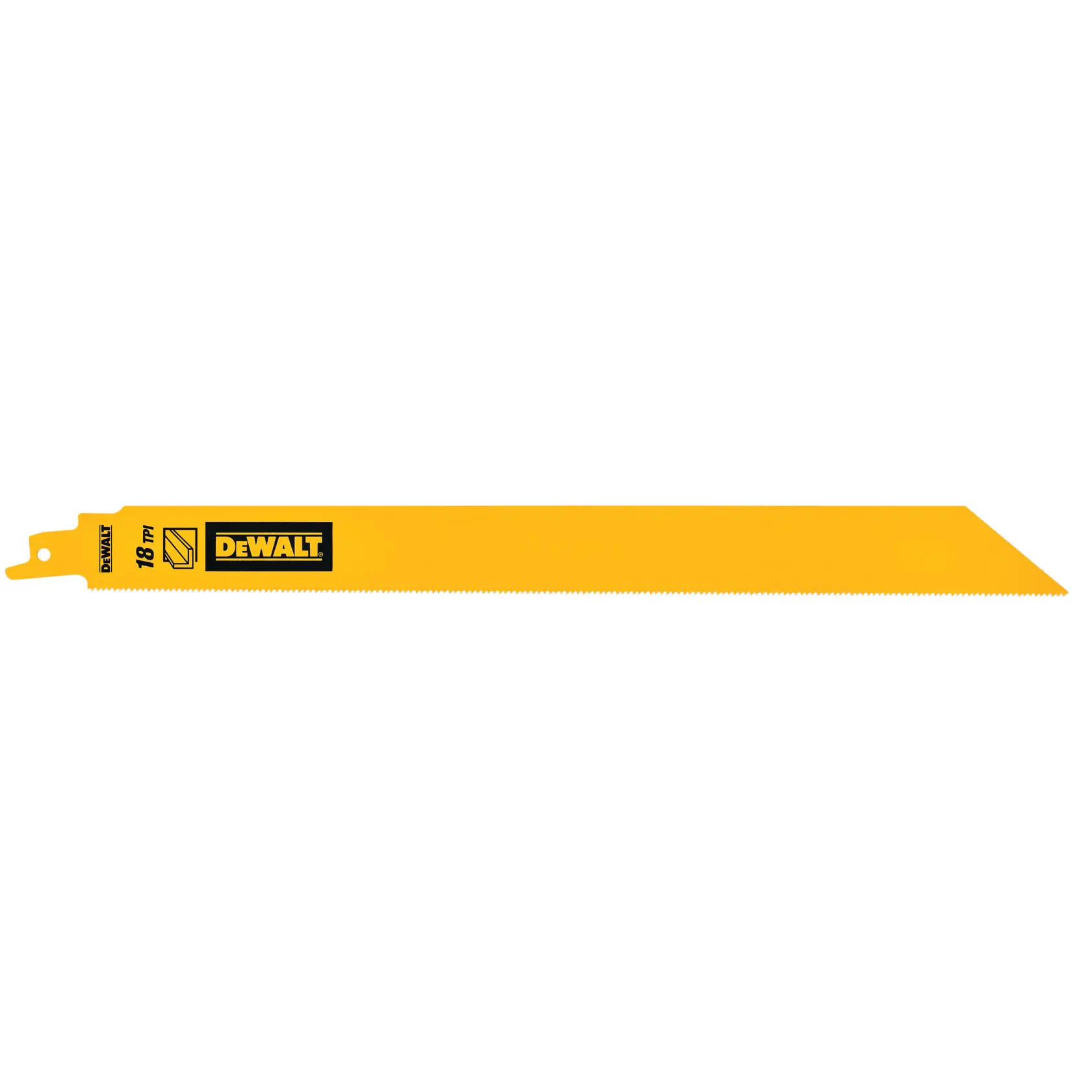 DEWALT DT90391 gelbes Säbelsägeblatt mit feinen Zähnen und abgeschrägter Spitze, geeignet für Schneidarbeiten.