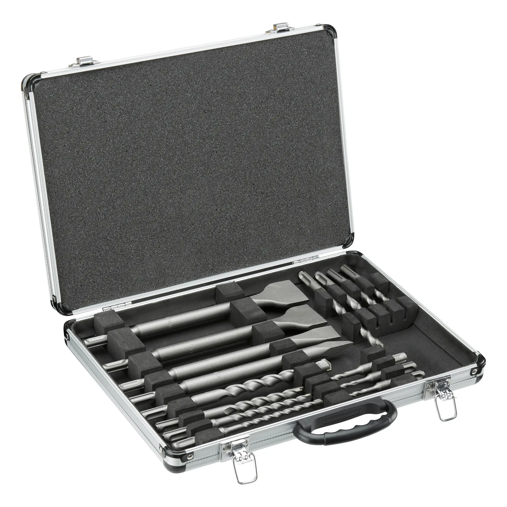 Metallkoffer mit verschiedenen DEWALT-Bohrern und Meißeln, ordentlich in Schaumfächern angeordnet.