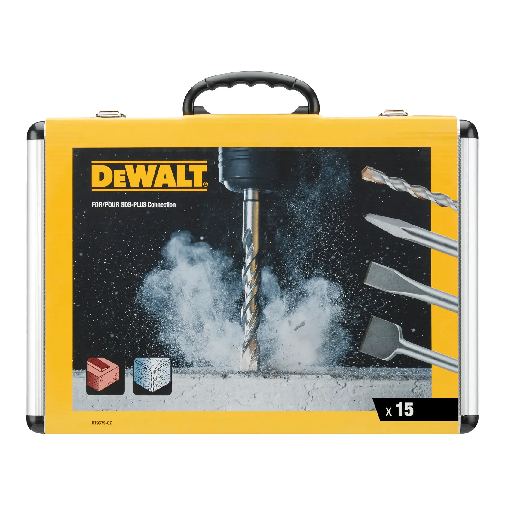 DEWALT SDS-Plus Bohr- und Meißelset in gelbem Metallkoffer, 15 Teile für Mauerwerk und Beton.