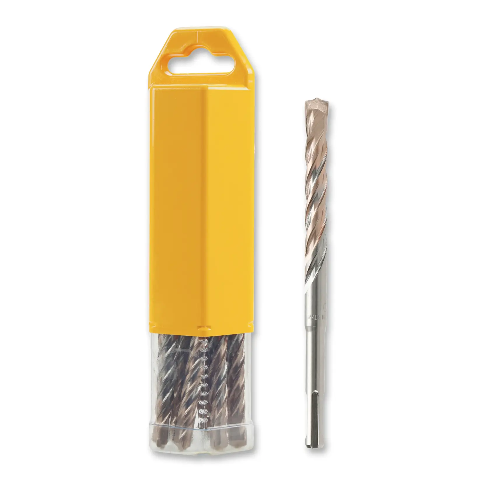 Juego de brocas DEWALT en estuche amarillo, con una broca junto al embalaje.
