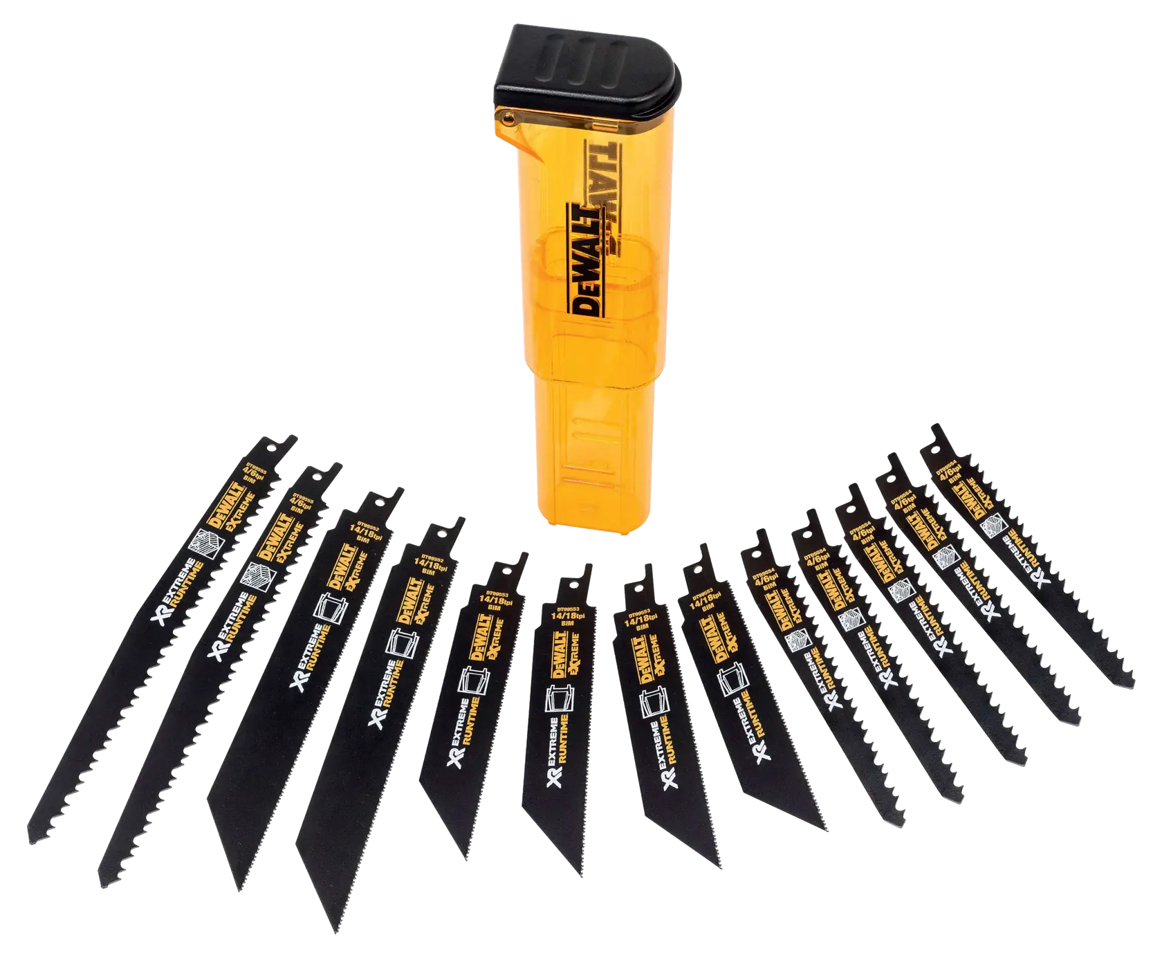 DEWALT Set mit 13 schwarzen Säbelsägeblättern und gelber Aufbewahrungsbox in einer Reihe.