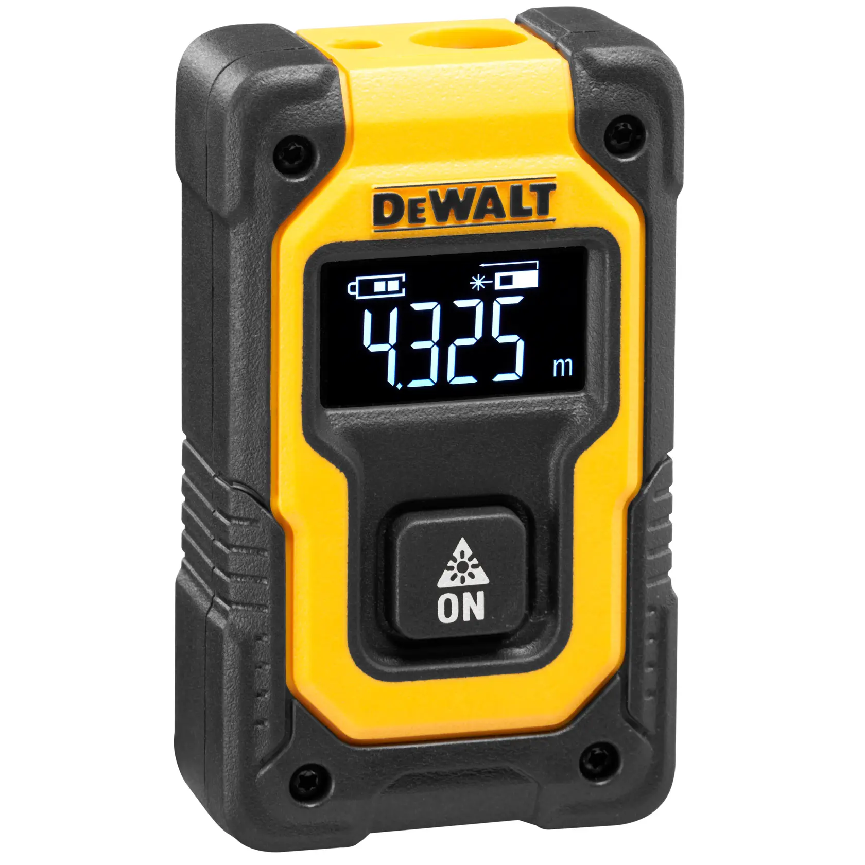 DEWALT Laser-Entfernungsmesser DW055PL, DW055PL-XJ. Gelbes Kompaktgerät mit Display für Fotografie.