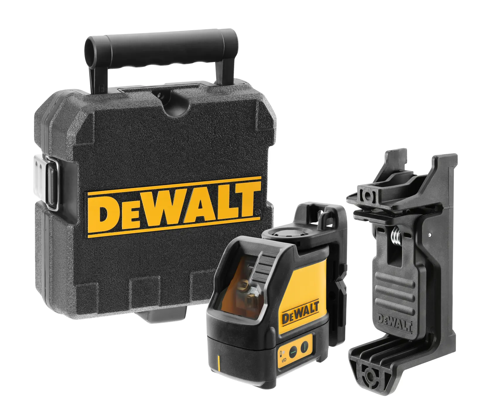 DEWALT Kreuzlinienlaser mit grünem Licht, bestehend aus einem robusten schwarzen Transportkoffer, dem Lasernivelliergerät und einer Montagehalterung.