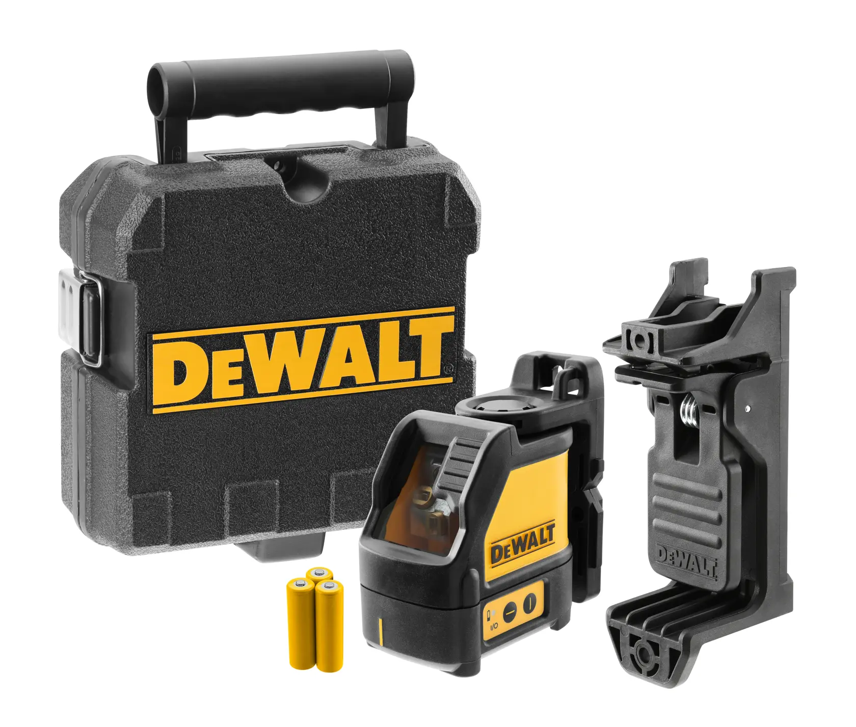 DEWALT DW088K Kreuzlinien-Laser-Set, einschließlich eines schwarzen Transportkoffers mit DEWALT-Logo, zwei gelben Batterien, dem Lasergerät und einer schwarzen Montagehalterung.