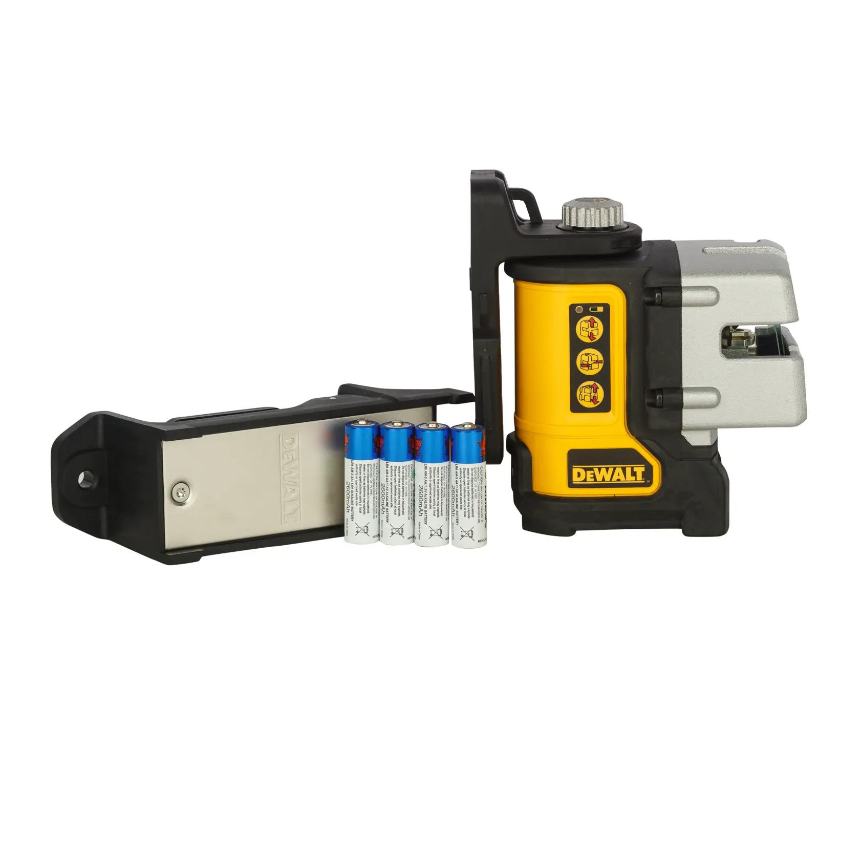 Ein selbstnivellierender Linienlaser DEWALT DW089K steht auf dem Boden einer Baustelle und projiziert eine sichtbare rote Laserlinie auf eine Metallschiene für präzise Ausrichtung während des Gebäudeaufbaus.