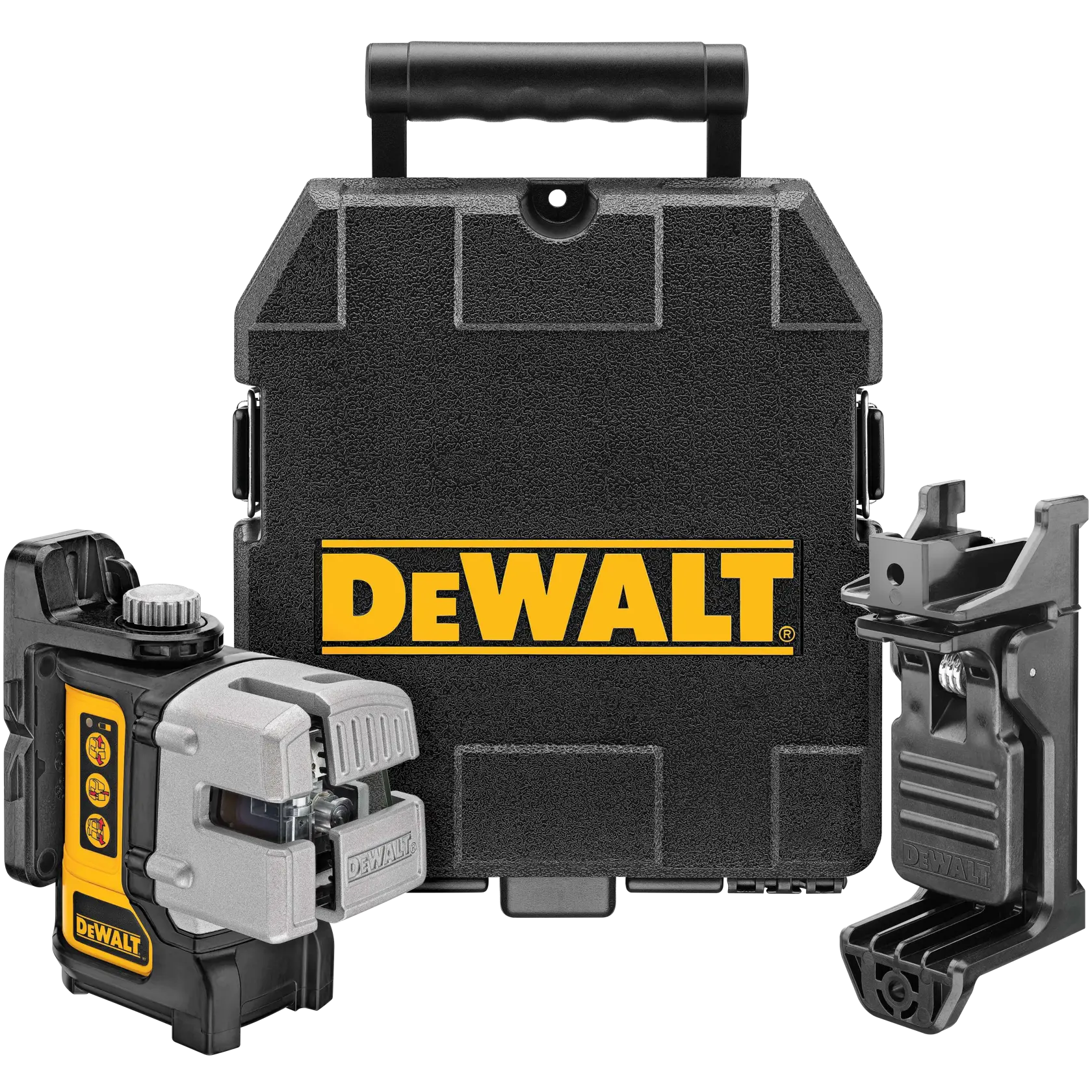 DEWALT DW089K Laser-Nivellierkit mit schwarzem Transportkoffer, Lasergerät und Montagehalterung.