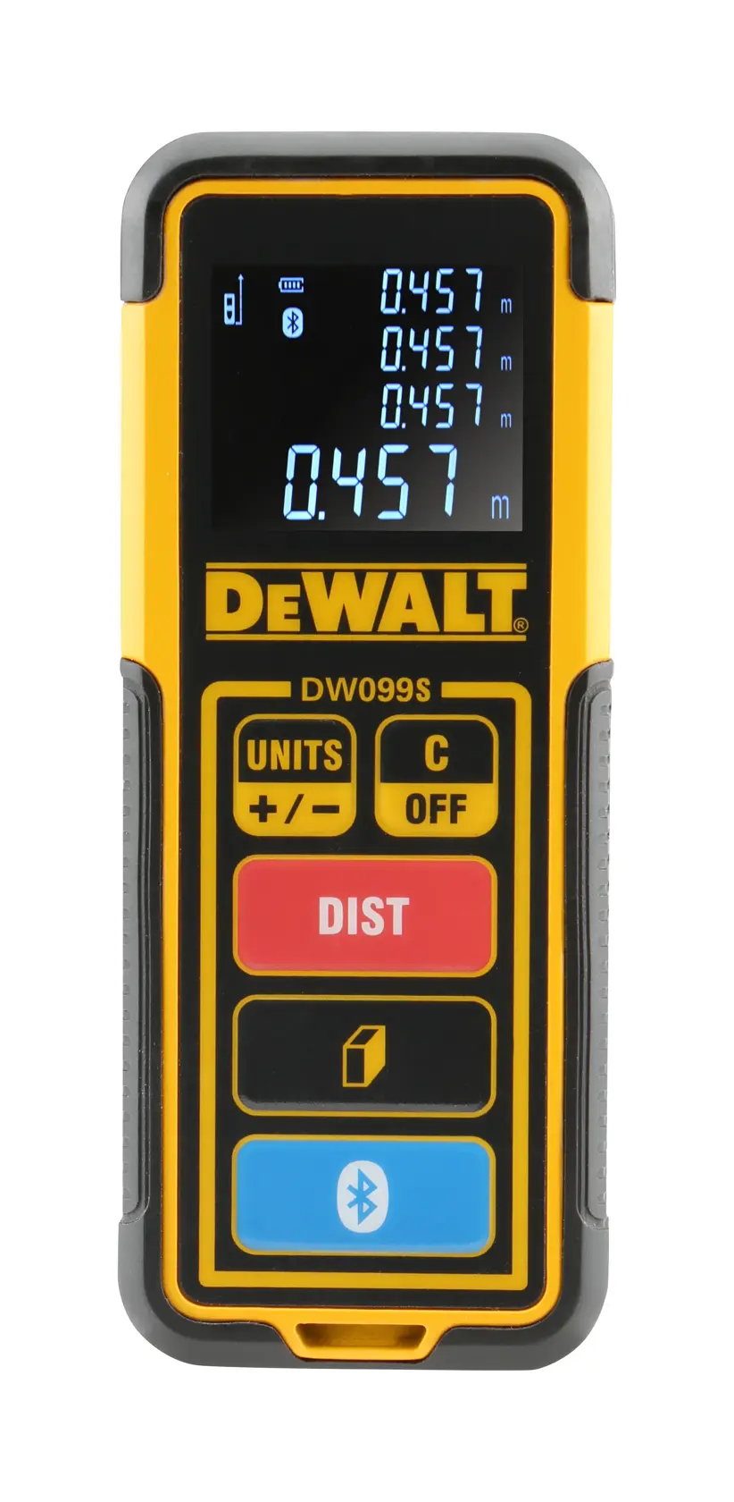 DEWALT DW099S Laser-Entfernungsmesser mit beleuchtetem digitalen Display, das mehrere Messergebnisse anzeigt. Das Gerät hat ein gelbes und schwarzes Gehäuse und beschriftete Tasten für Funktionen wie Einheiten, Entfernung und Bluetooth.