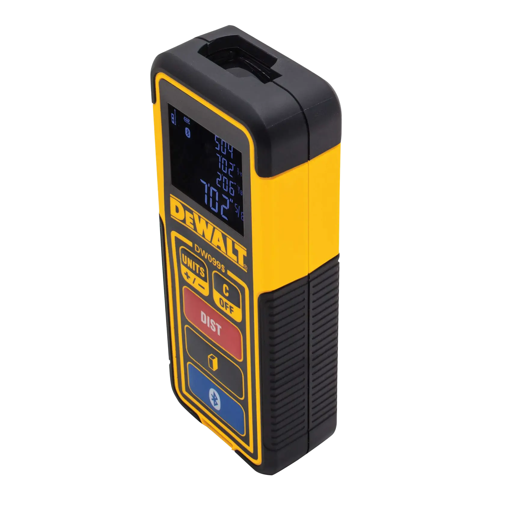 Ein DEWALT DW099S Laser-Entfernungsmesser mit gelb-schwarzem Gehäuse, digitalem Display mit Messwerten und mehreren Tasten, darunter Einheiten, Aus, Entfernung und Bluetooth-Funktionen.