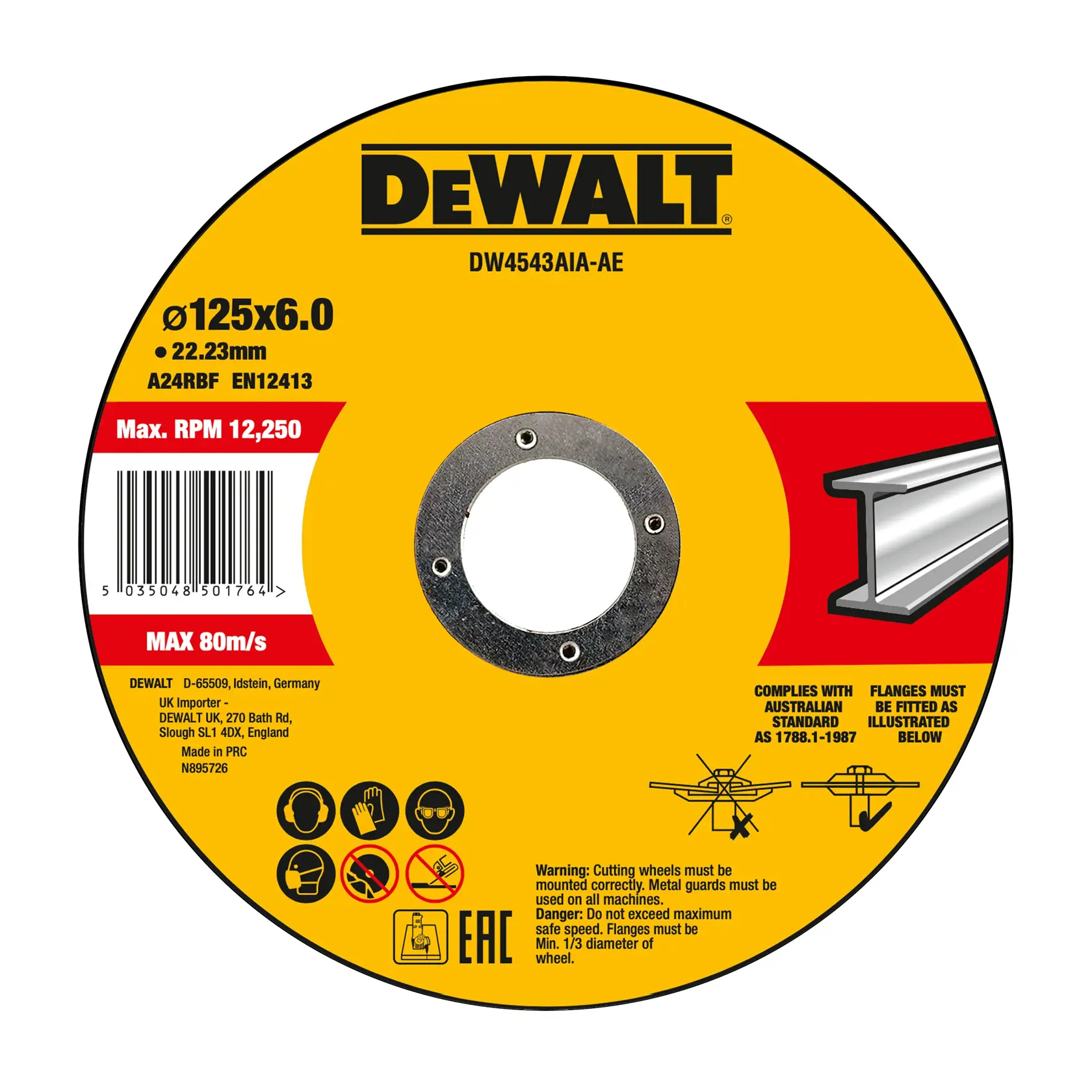 DEWALT Trennscheibe, gelbes Etikett, Kategorie Fotografie, SKUs DW4543AIA, DW4543AIA-AE, Ø125x6.0mm.