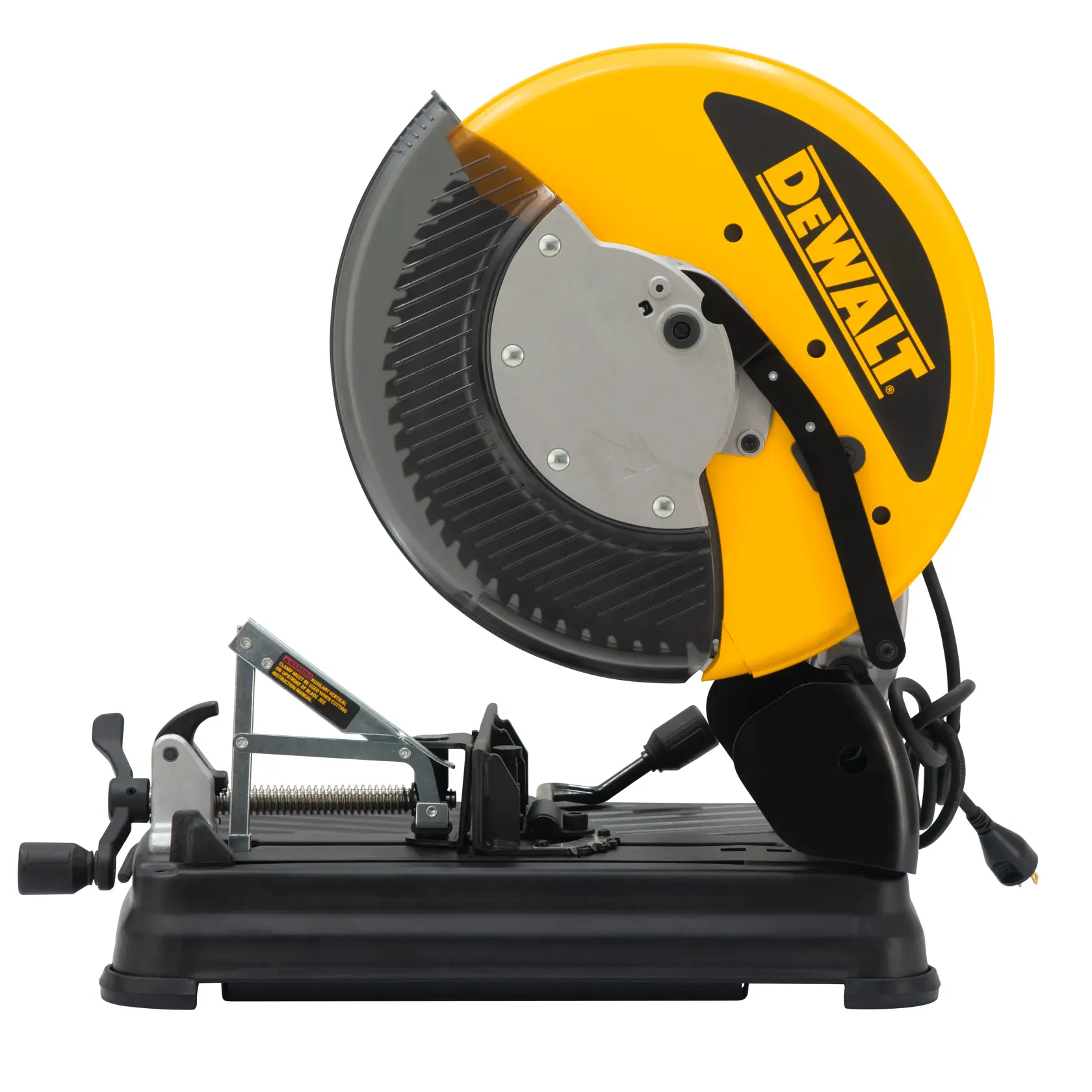 DEWALT DW872 Metalltrennsäge mit gelbem Schutz und stabilem schwarzem Sockel, Seitenansicht.