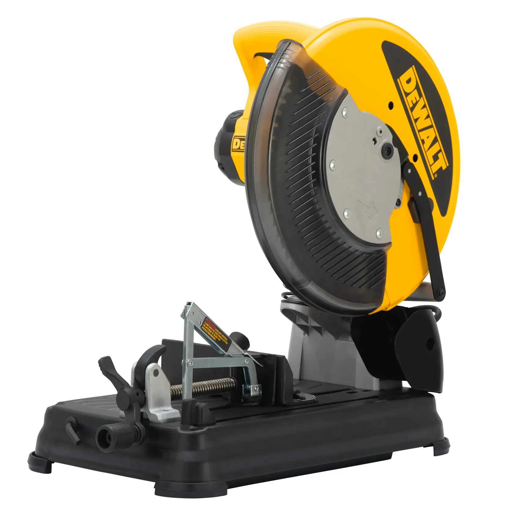 DEWALT DW872 gelb-schwarze Metallsäge mit Schutz, Sockel und Klemme.