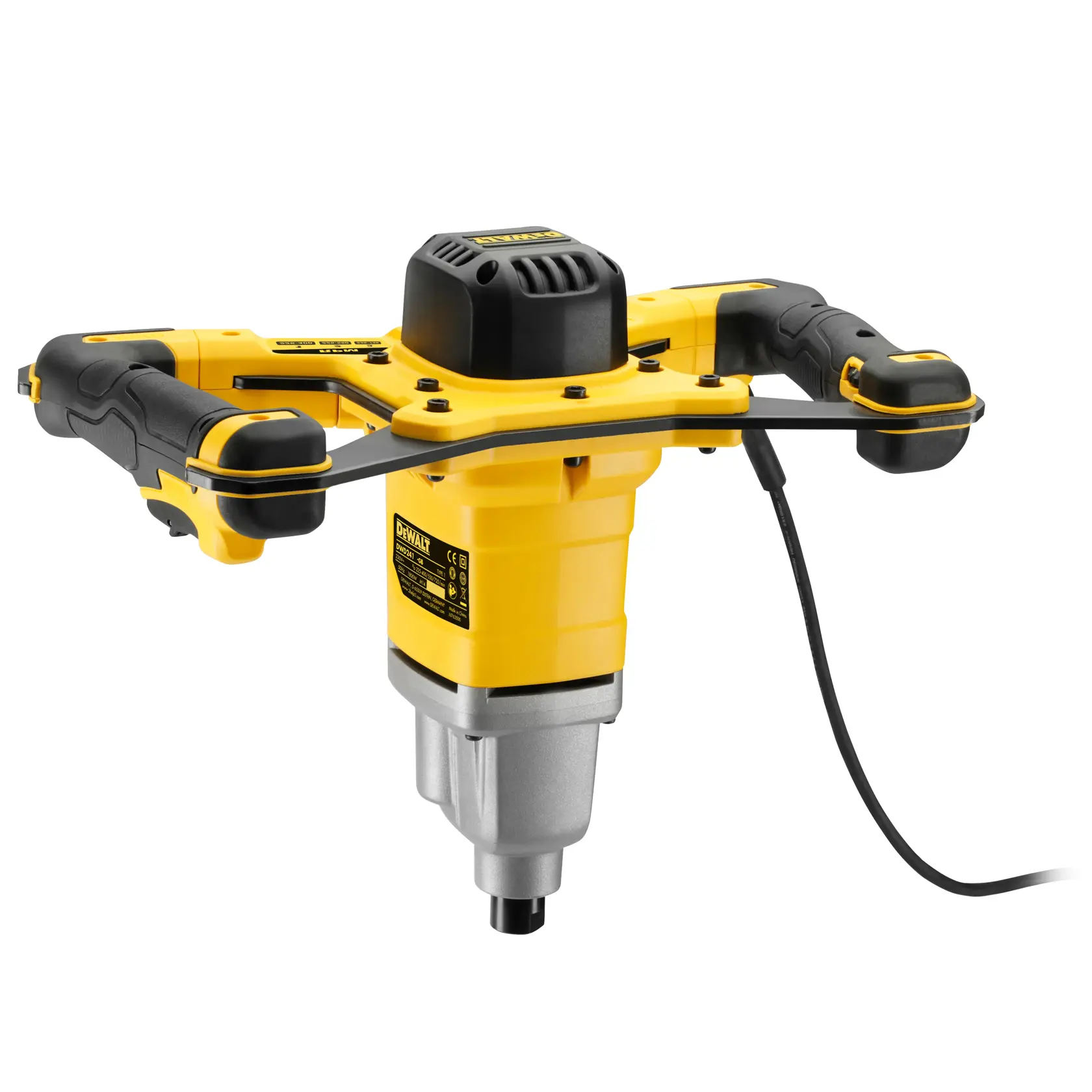 DEWALT DWD241 gelbe kabelgebundene Rührmaschine mit zwei Griffen, auf weißem Hintergrund gezeigt.