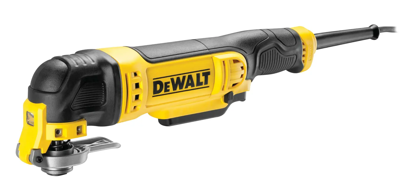 Eine Person verwendet ein gelb-schwarzes DEWALT oszillierendes Multifunktionswerkzeug, um einen Holzboden in der Nähe einer Tür zuzuschneiden.