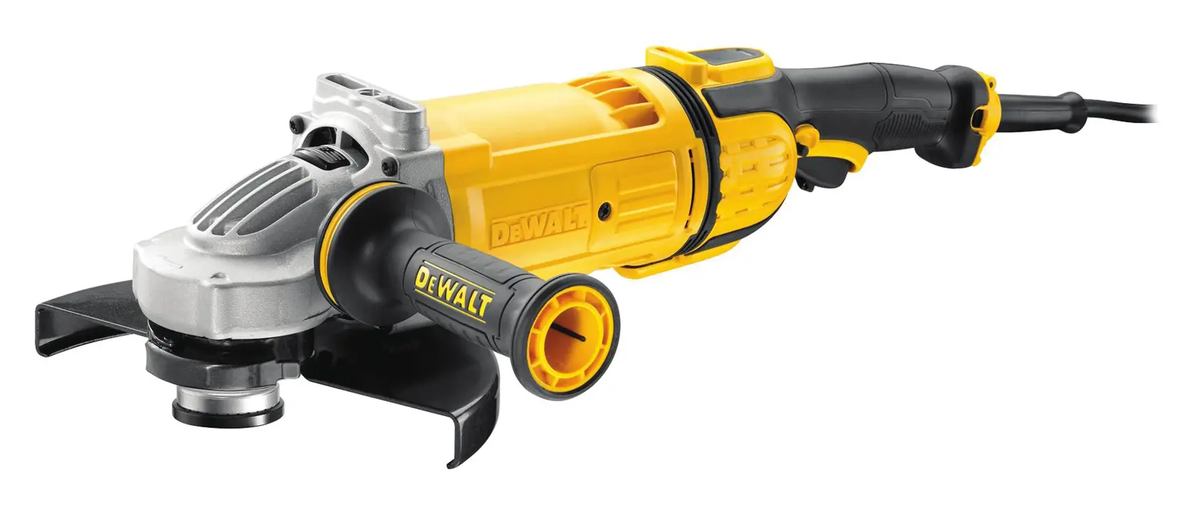 Ein gelber und schwarzer DEWALT Elektro-Winkelschleifer mit Seitenhandgriff und Schutzabdeckung, Modell DWE4579, vor weißem Hintergrund.