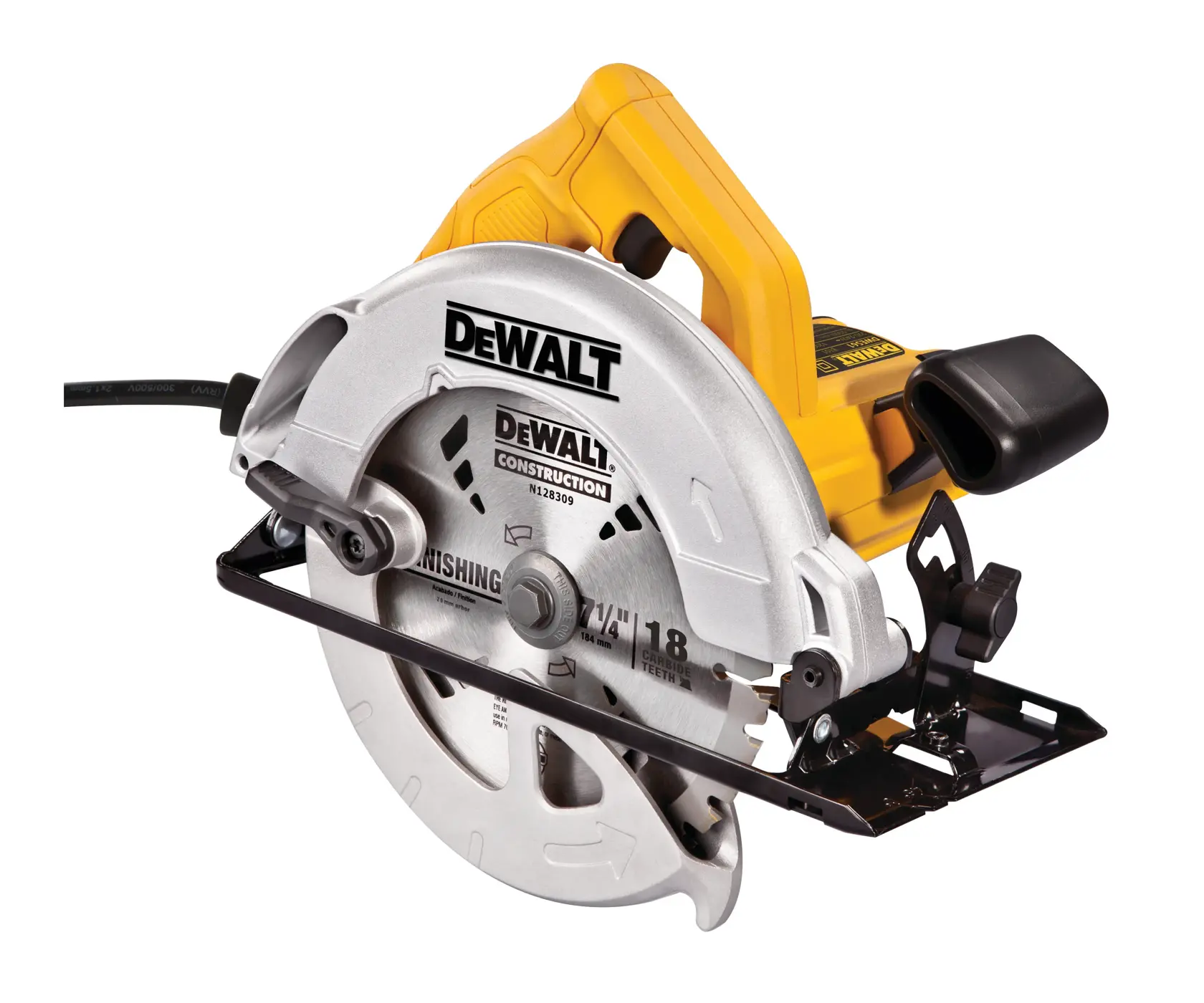 DEWALT DWE560 Kreissäge mit gelbem Griff und silbernem Blatt auf weißem Hintergrund.