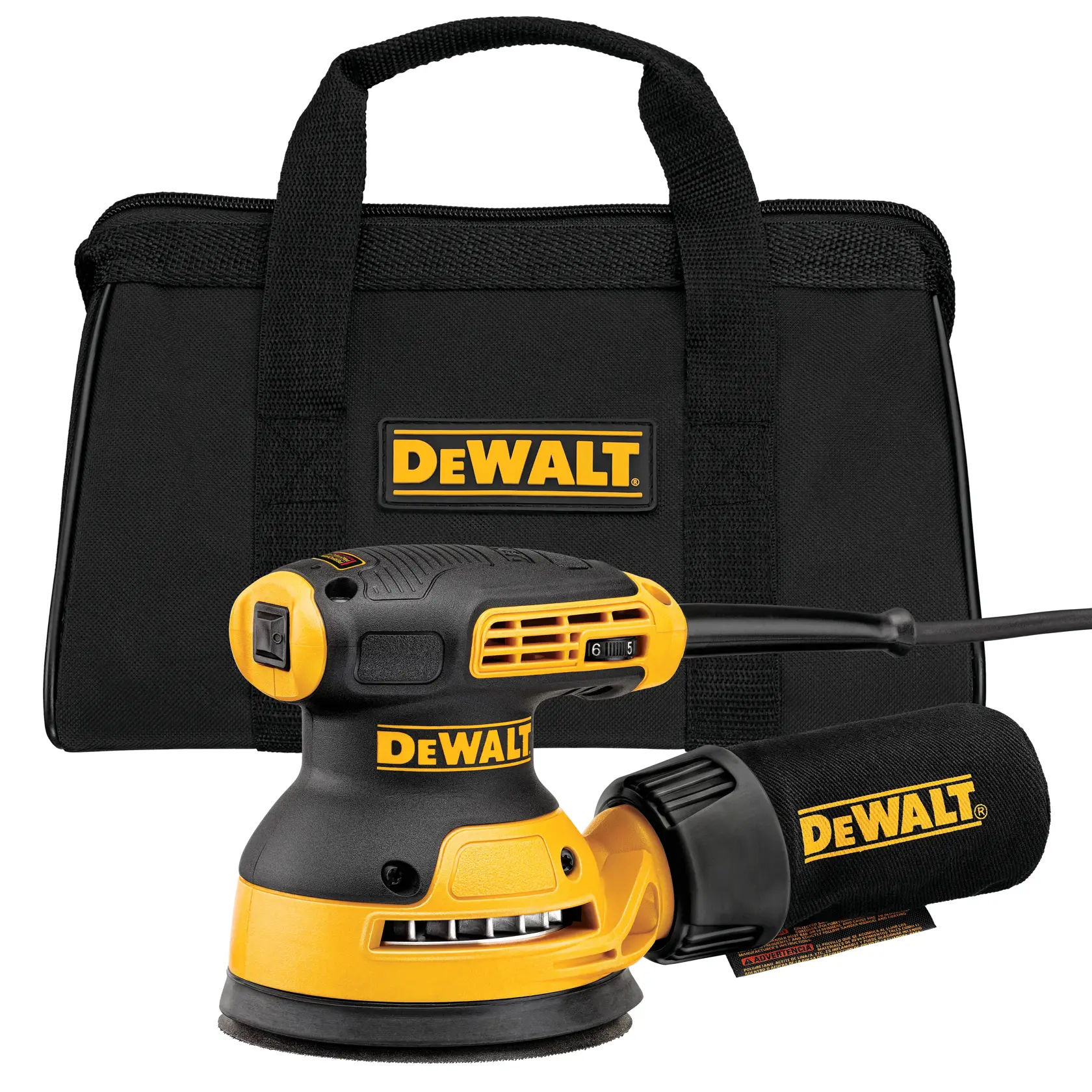 Gelbe und schwarze elektrische DEWALT DWE6423 Exzenterschleifer mit angeschlossenem Staubauffangbeutel, fotografiert vor weißem Hintergrund.