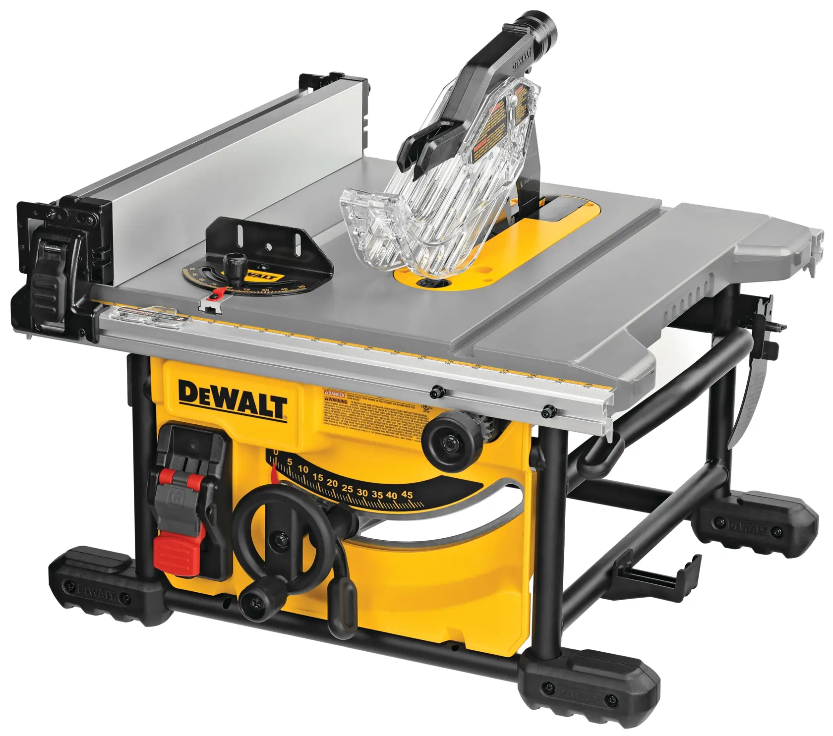 DEWALT Tischkreissäge mit gelb-schwarzem Gehäuse, verstellbarem Messgerät und transparentem Klingenschutz. Die Säge ist zum Schneiden von Holz konzipiert und auf einem stabilen Gestell montiert.