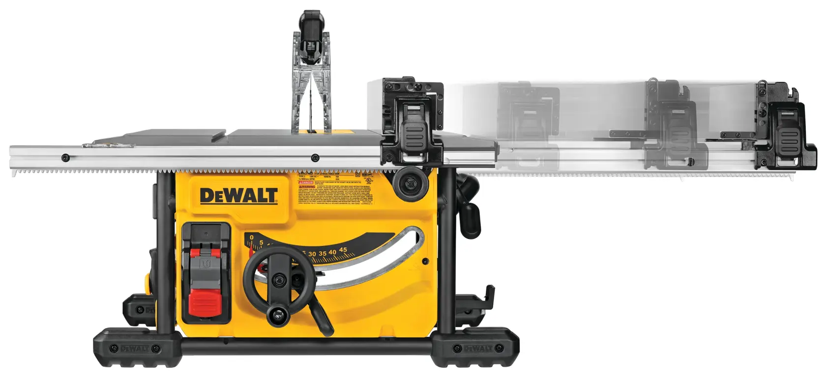 Eine tragbare DEWALT Tischkreissäge mit verstellbarer Führungsschiene, gelb-schwarzem Gehäuse und sichtbarem Sägeblattschutz, von vorne auf weißem Hintergrund gezeigt.