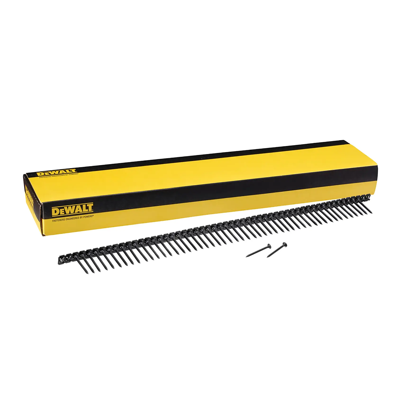 Gelbe DEWALT-Box mit einer Streifen genagelten Nägel und zwei lose Nägel vor weißem Hintergrund.