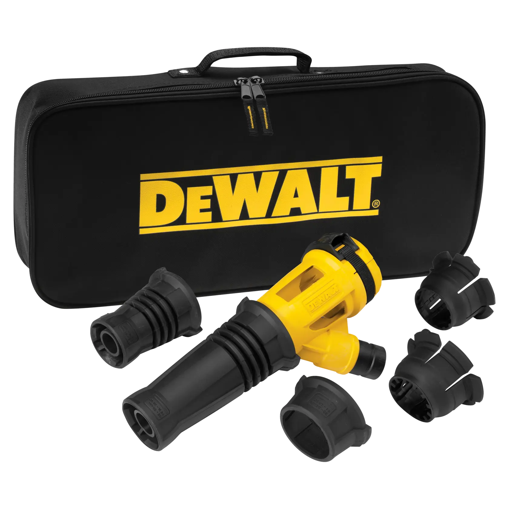 DEWALT Zubehörset mit Tragetasche, gelb-schwarzem Werkzeug und mehreren Aufsätzen.