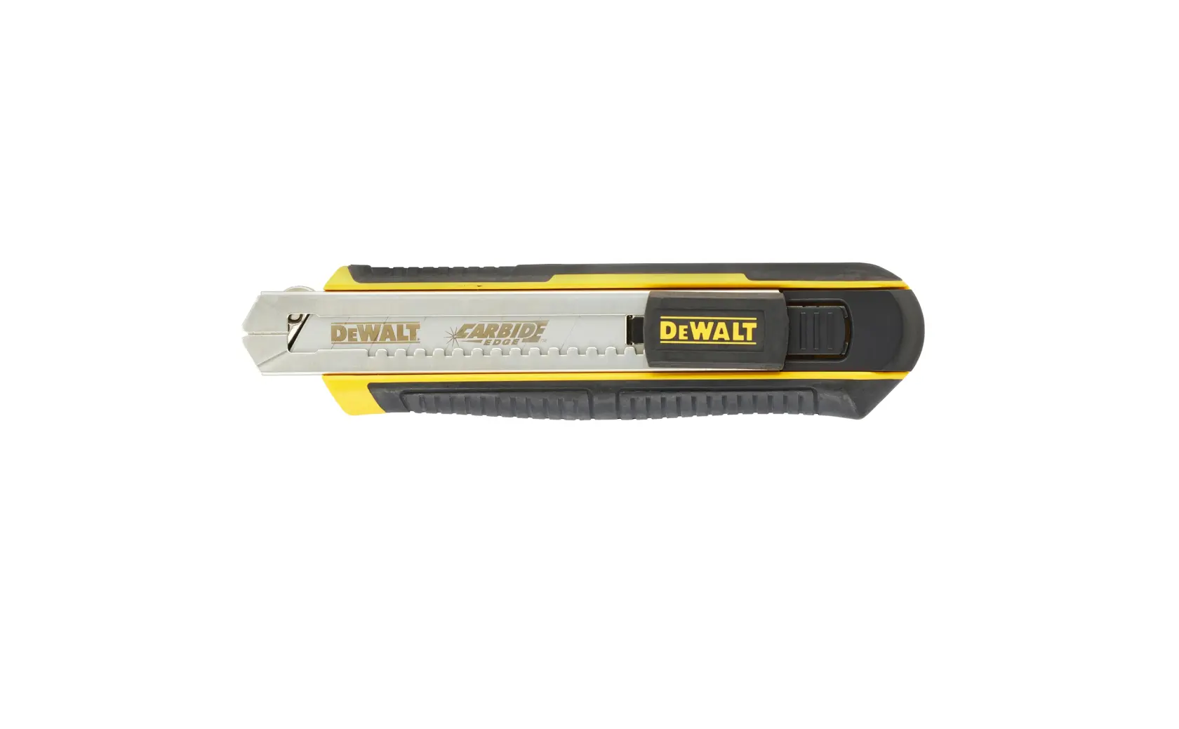 Ausziehbares DEWALT Messer mit schwarz-gelbem Griff und Hartmetallklinge für Schneidarbeiten.