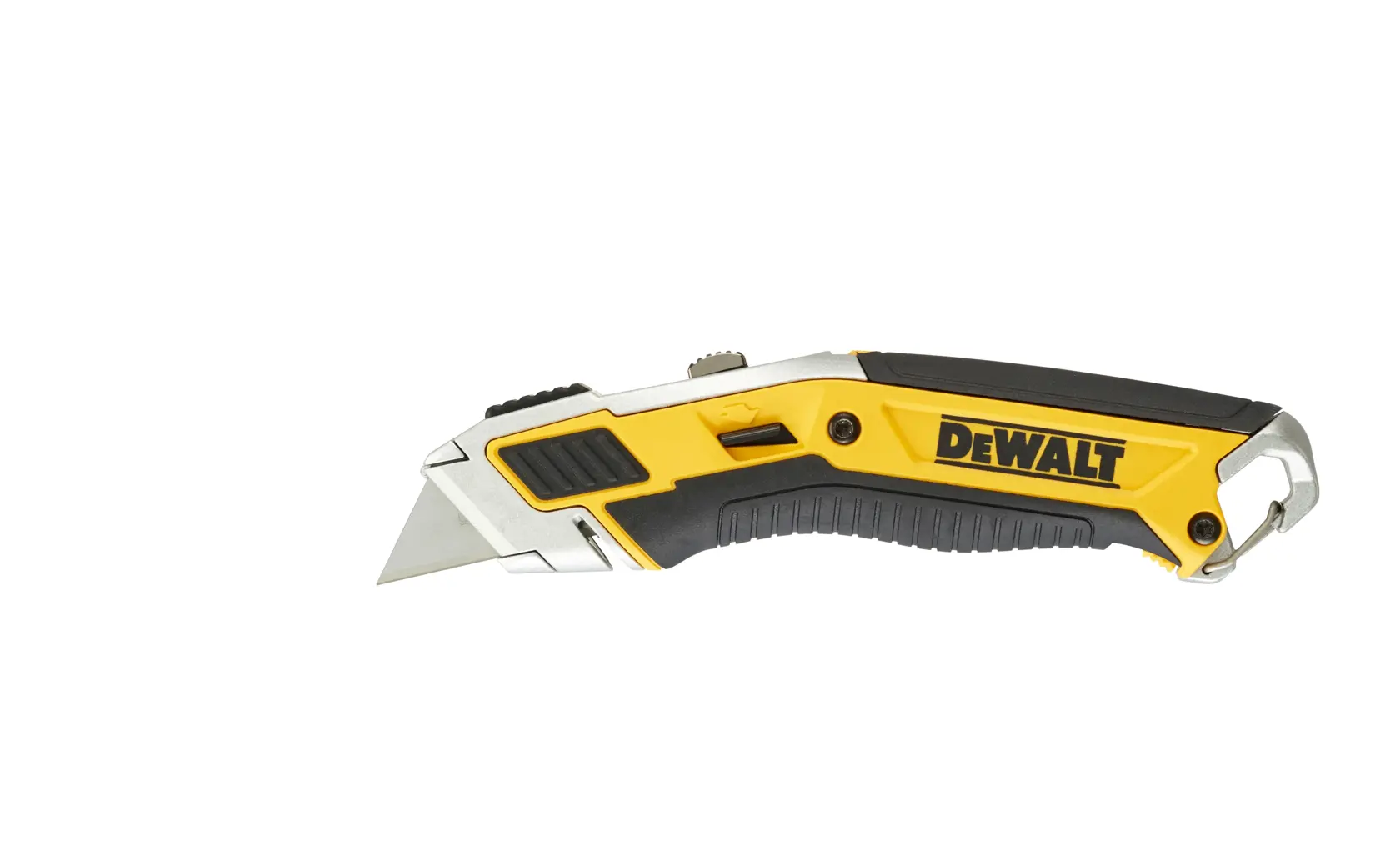 Ein DEWALT Universalmesser mit ausziehbarer Klinge und ergonomischem Griff in Gelb und Schwarz.