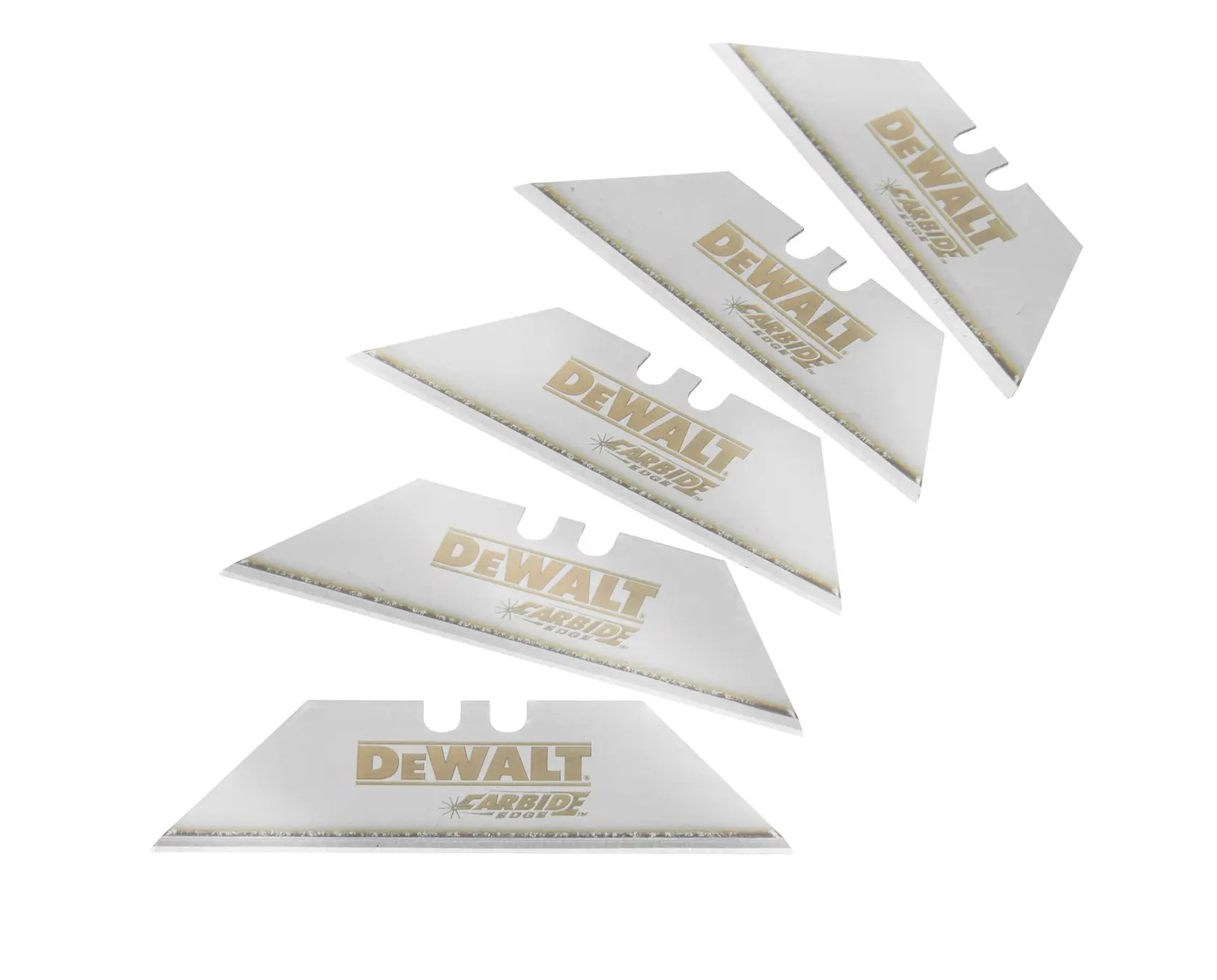 Fünf DEWALT Hartmetall-Klingen diagonal auf weißem Hintergrund angeordnet.