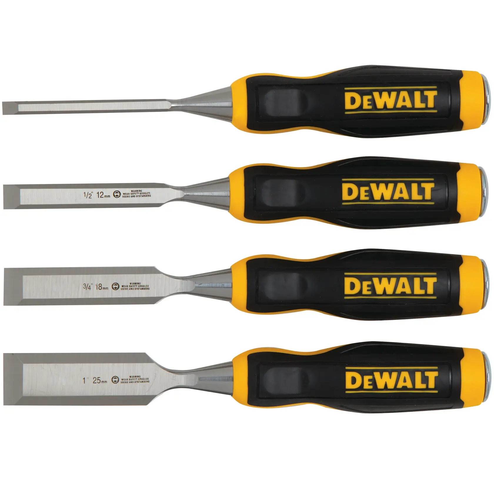 Vier DEWALT Holzmeißel mit schwarz-gelben Griffen in verschiedenen Größen nebeneinander.