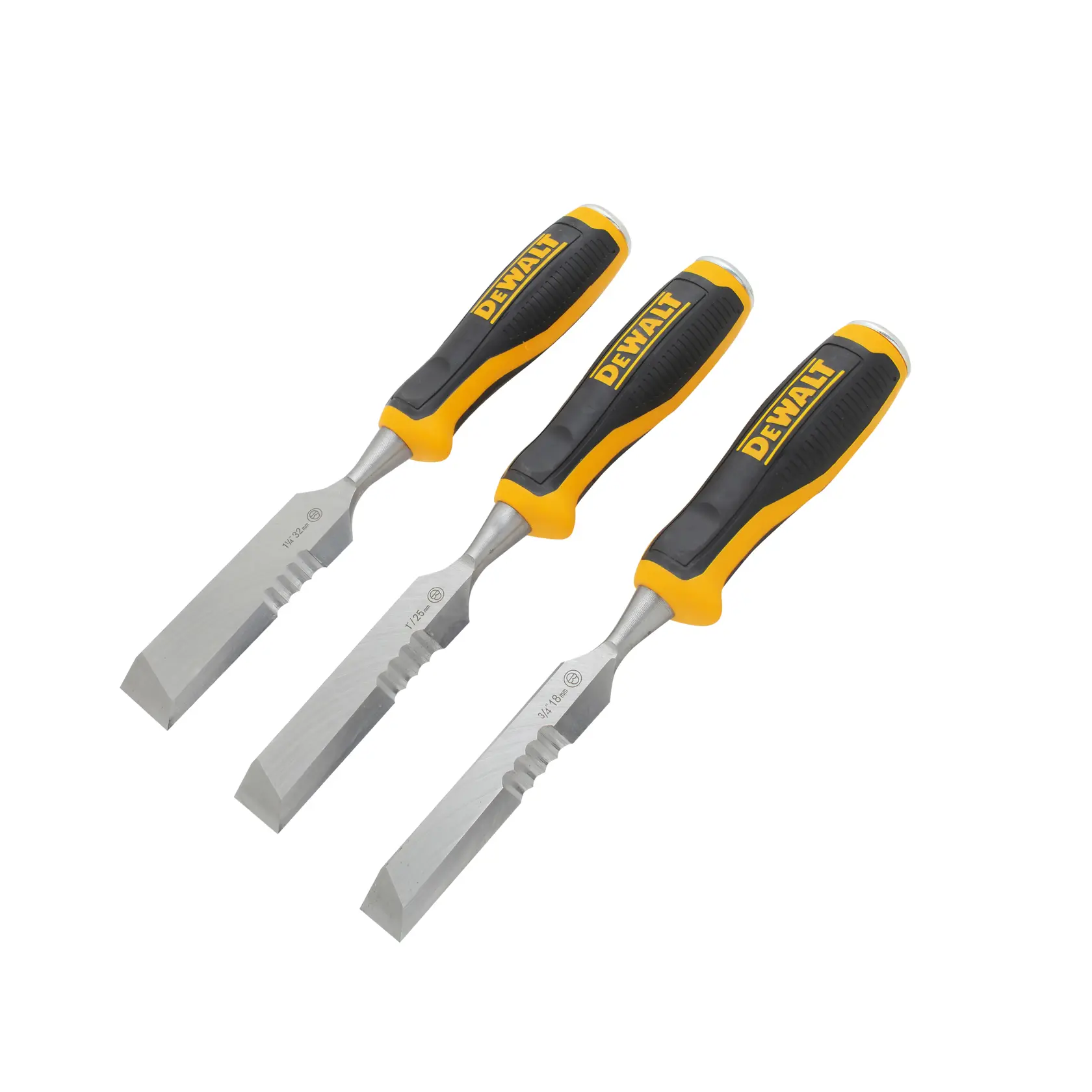 Drei DEWALT Meißel mit schwarz-gelben Griffen liegen diagonal auf weißem Hintergrund.