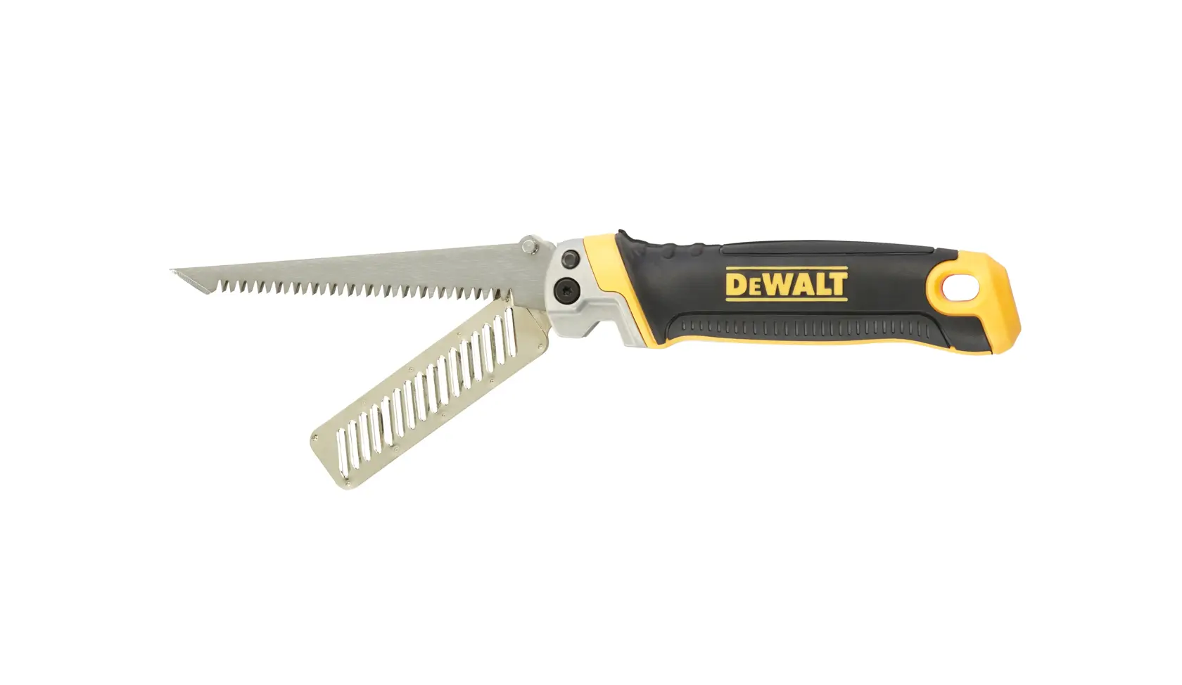 DEWALT Klappsäge für Trockenbau mit ergonomischem Griff und Zusatzklinge, schwarz-gelbes Design.