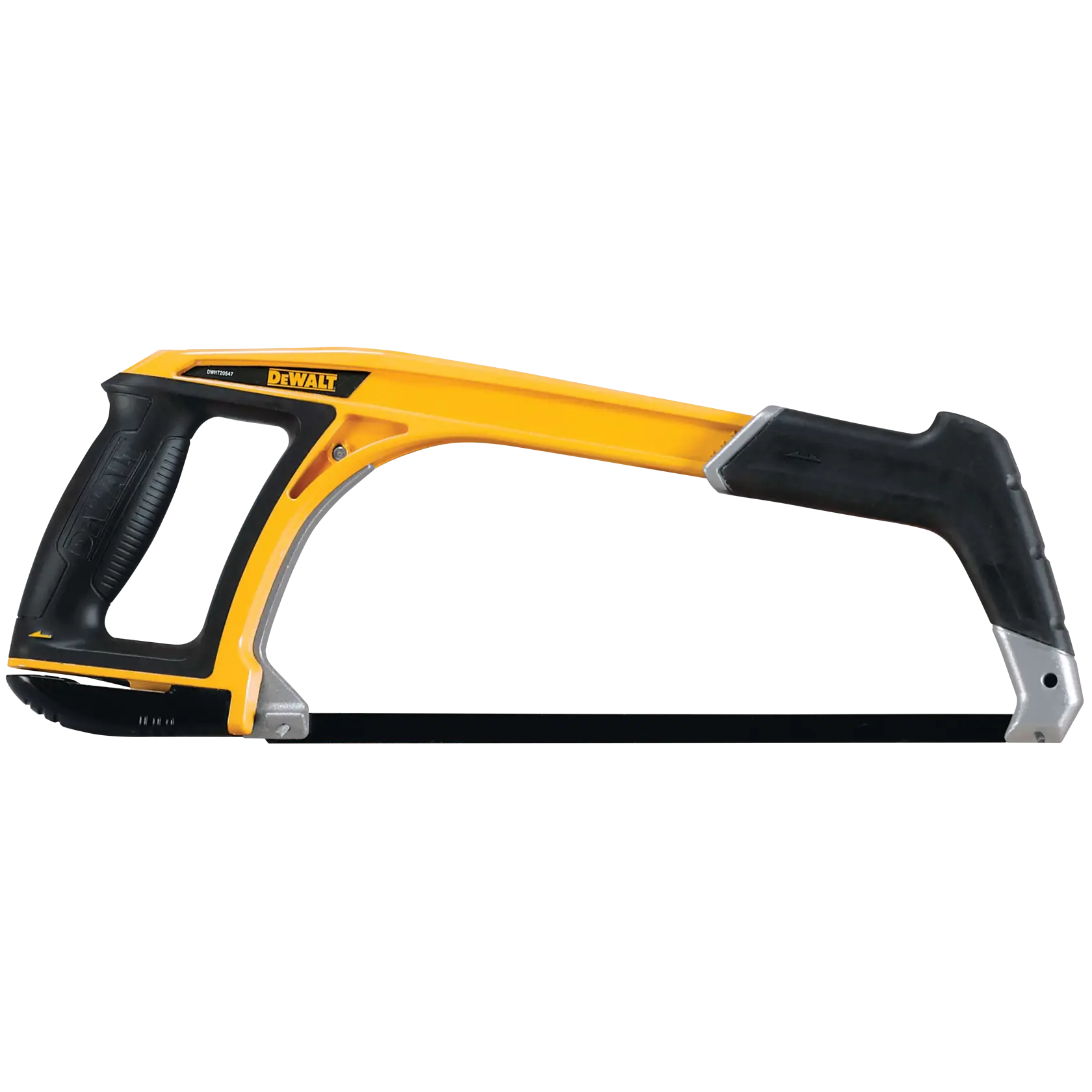 Eine DEWALT Bügelsäge mit gelb-schwarzem Rahmen, ergonomischem Griff und sichtbarem Blatt, geeignet zum Schneiden von Metall und anderen Materialien.