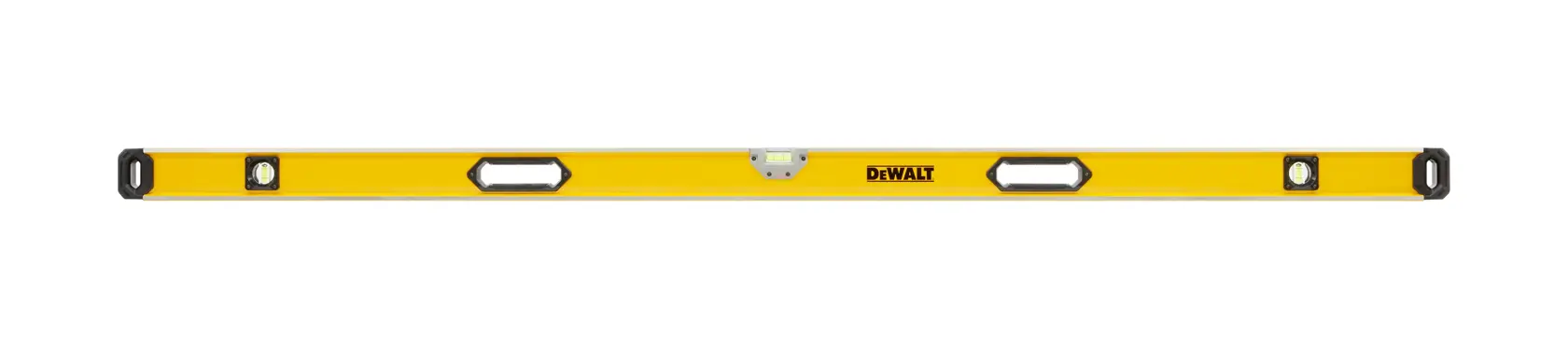 Gelbe DEWALT Wasserwaage mit drei Libellen und zwei Griffen, für präzises Messen geeignet.