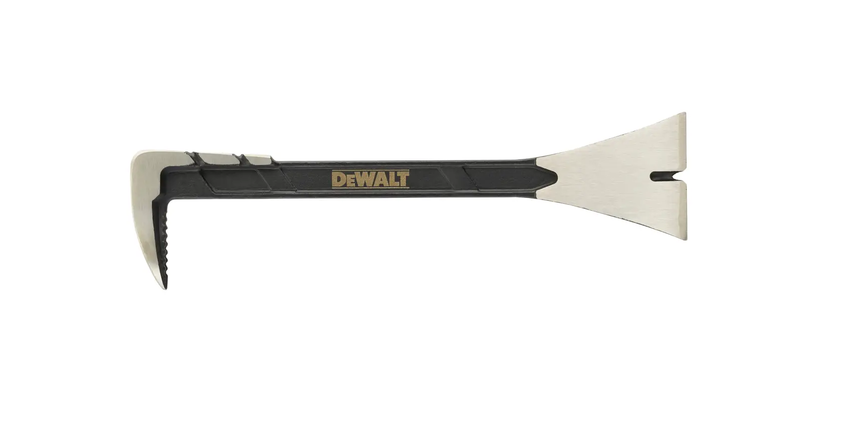 DEWALT Werkzeugleiste mit schwarzem Griff, gezacktem Klauenende und flachem Hebelende für Bauarbeiten.