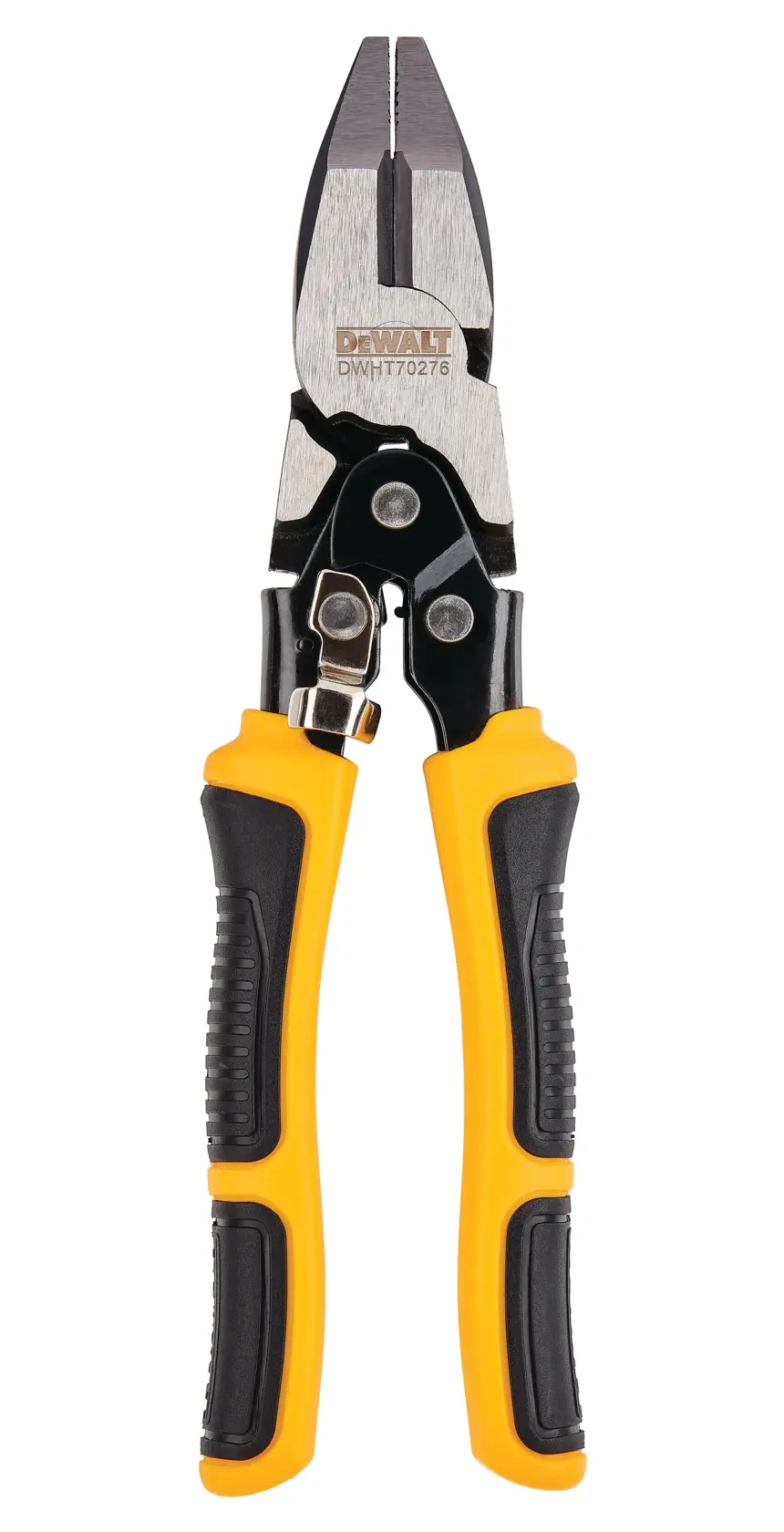 DEWALT Metallschere mit schwarzen und gelben Griffen, auf weißem Hintergrund aufrecht gezeigt.