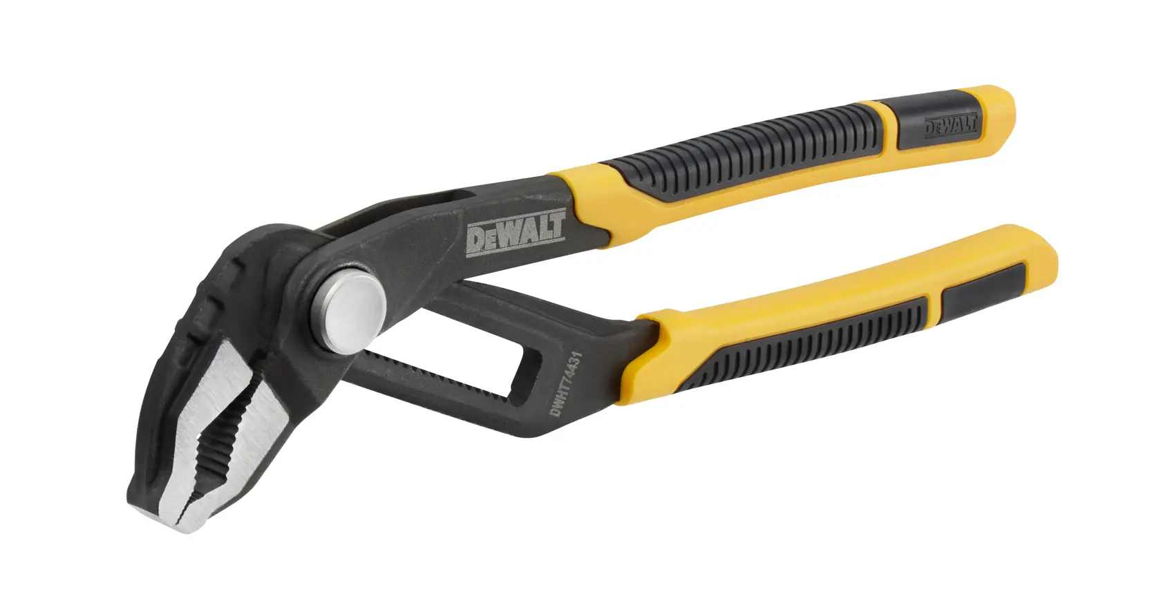 DEWALT Verstellbare Wasserpumpenzange mit schwarz-gelbem Griff und angewinkelten Greifbacken.