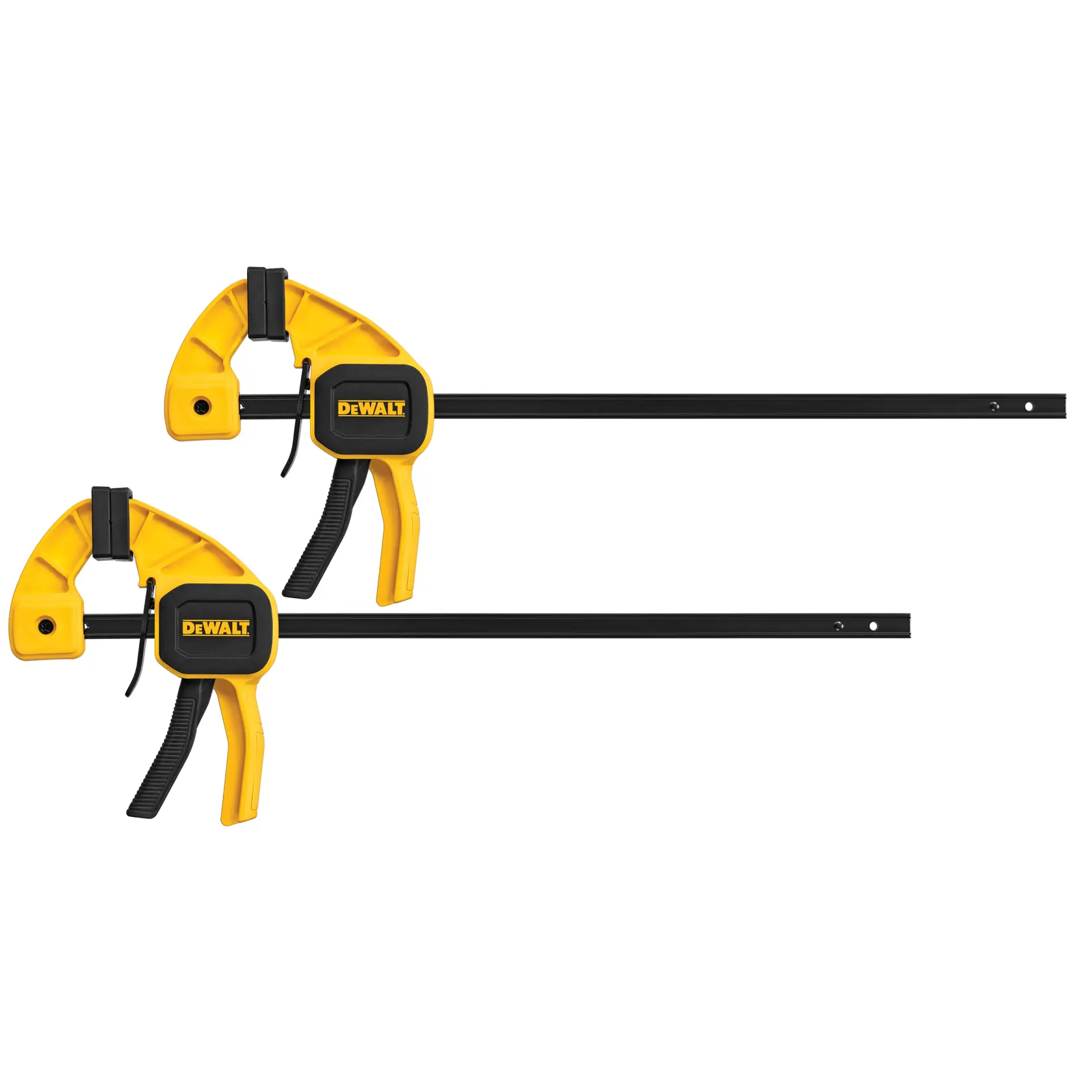 Zwei gelb-schwarze DEWALT Schnellspannzwingen mit langen Metallstangen zum Fixieren von Materialien.