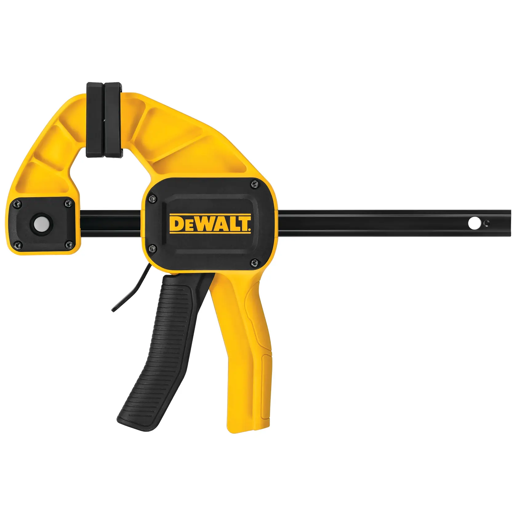 DEWALT gelbe und schwarze Schnellspannzwinge mit Griff und beweglicher Backe zum Fixieren von Materialien.