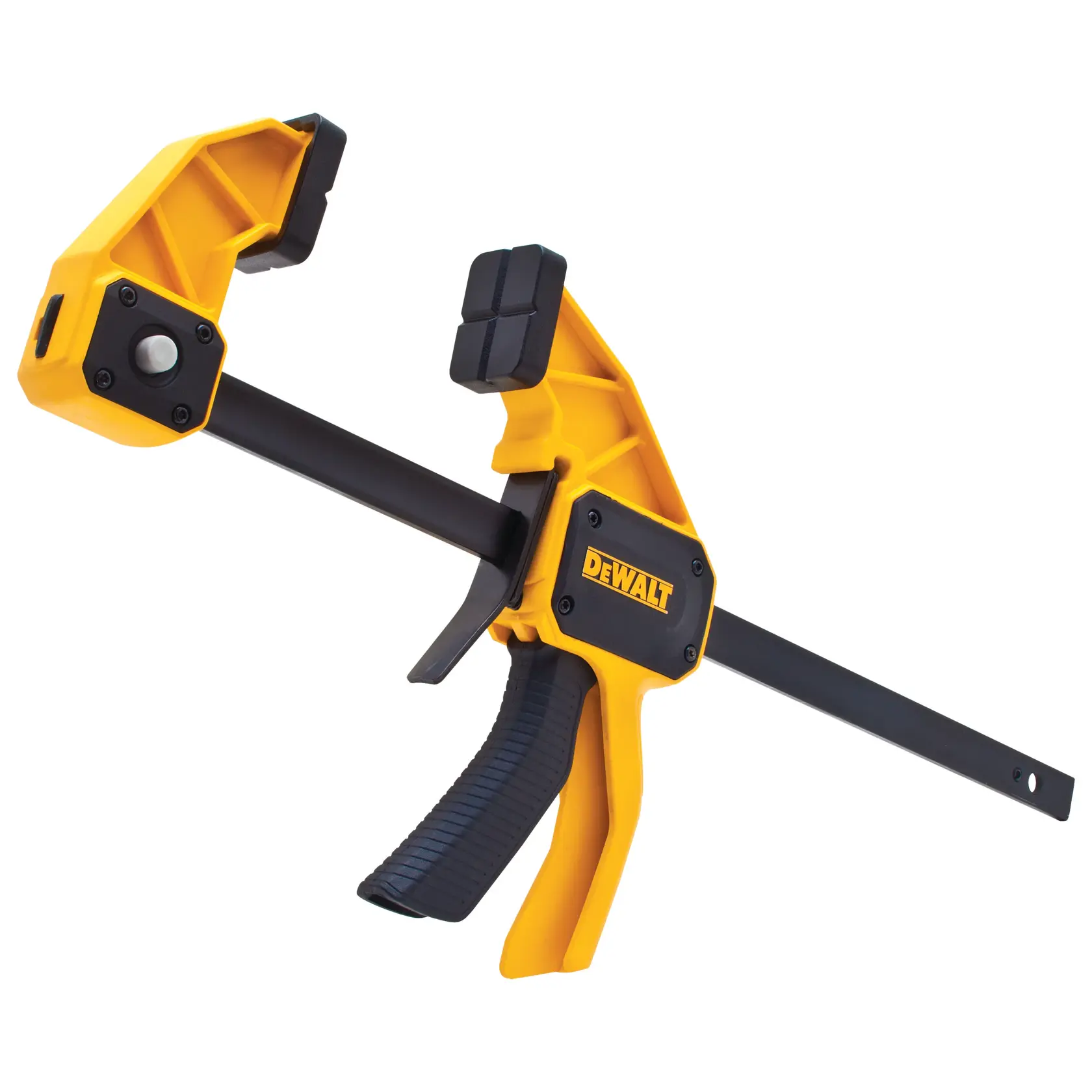 DEWALT Einhand-Klemmm mit gelb-schwarzem Design zum sicheren Halten von Materialien bei der Arbeit.